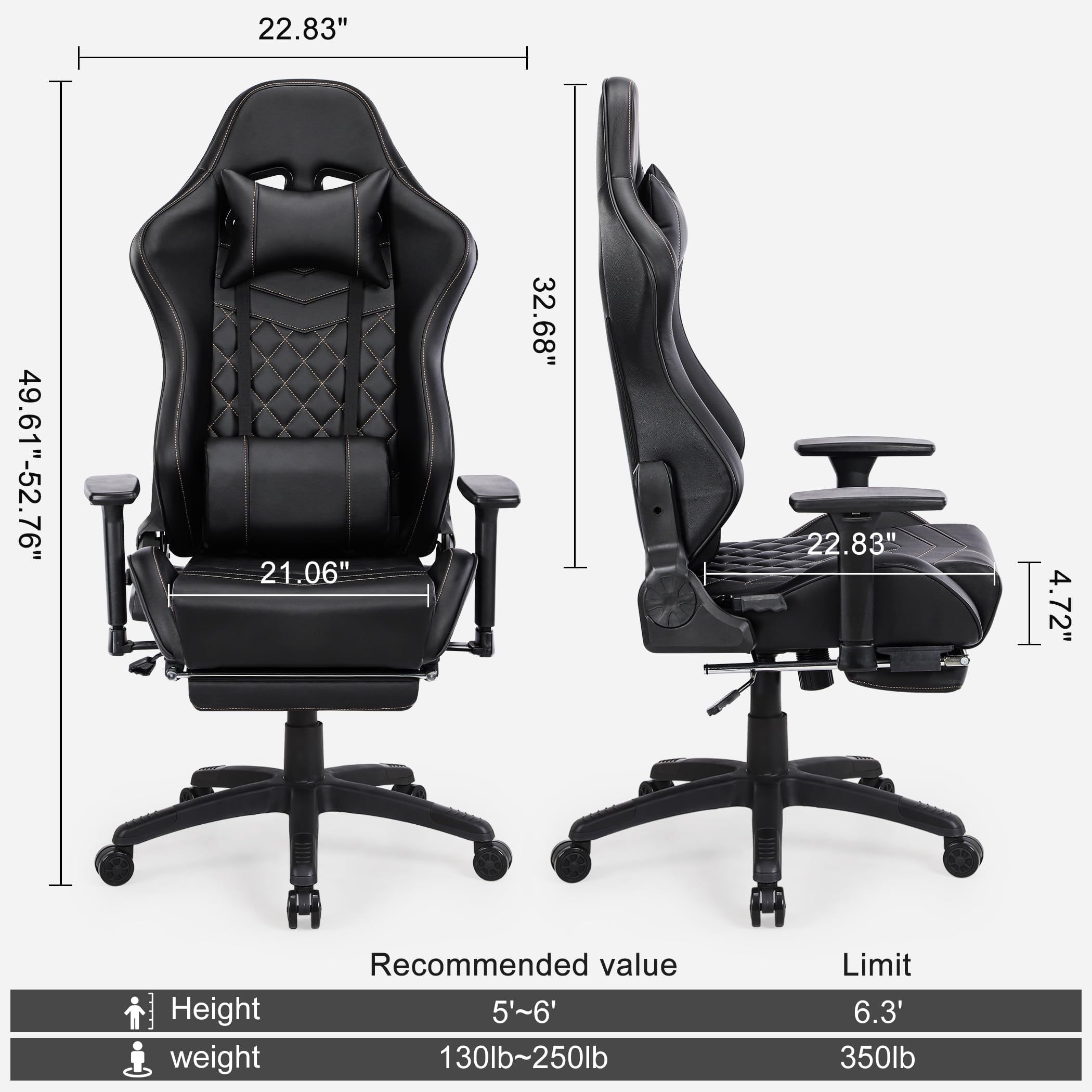 Blue Whale Ergonomic Gaming Chair for Adults - Heavy Duty 350lbs Capacity, Adjustable Lumbar Support, Headrest & Footrest - Oversized Reclining Computer Chair with Adjustable Armrests - Perfect for Home Office, Gaming Setup and Workstation
