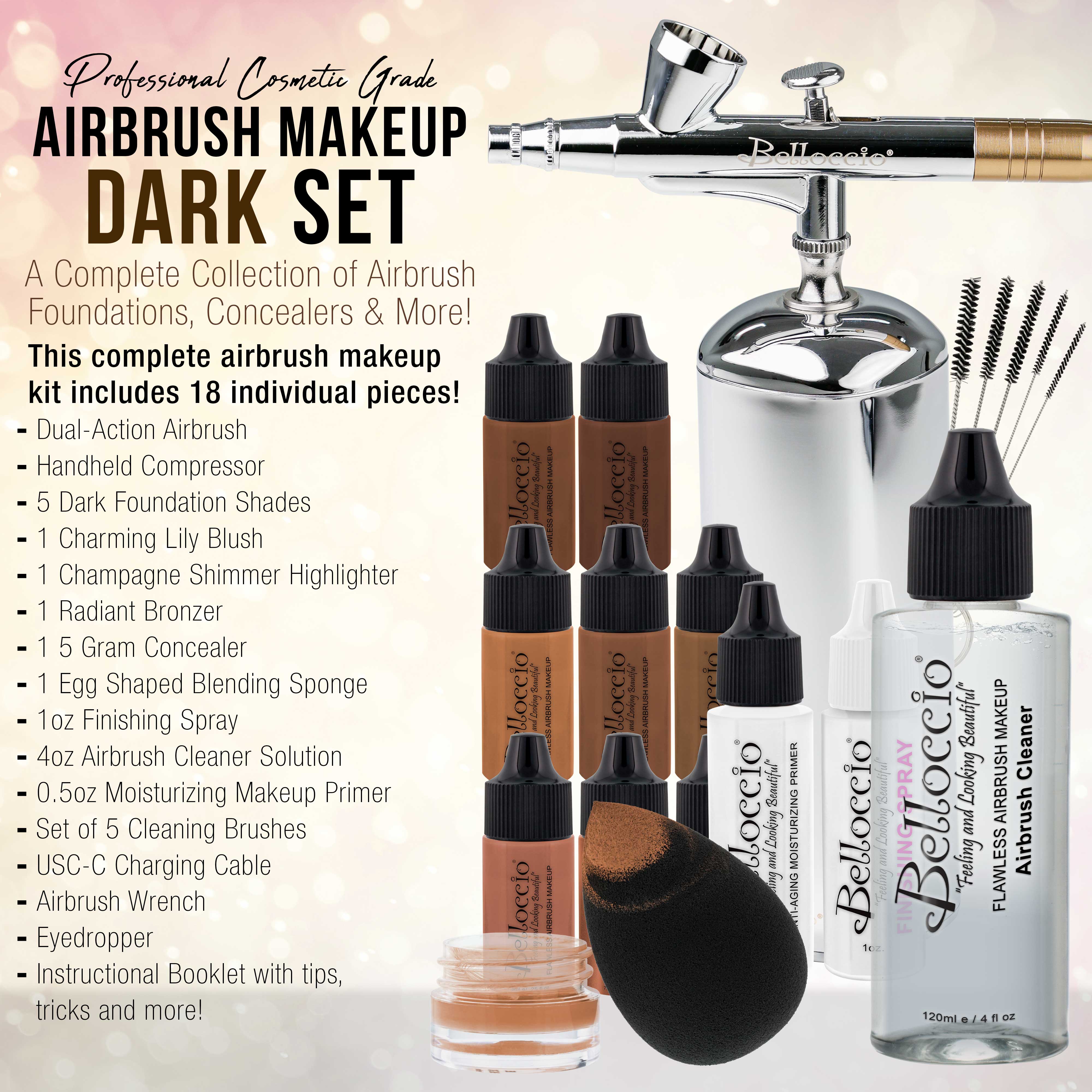 Belloccio Complete Cordless Handheld Airbrush Makeup Kit - 18 Piece Set with 5 Dark Foundation Shades, Primer, Blush, Bronzer & Highlighter | Professional Cosmetic Airbrush System for Flawless Face & Body Makeup Application | Perfect for Bridal, Photography & Special Occasion Makeup