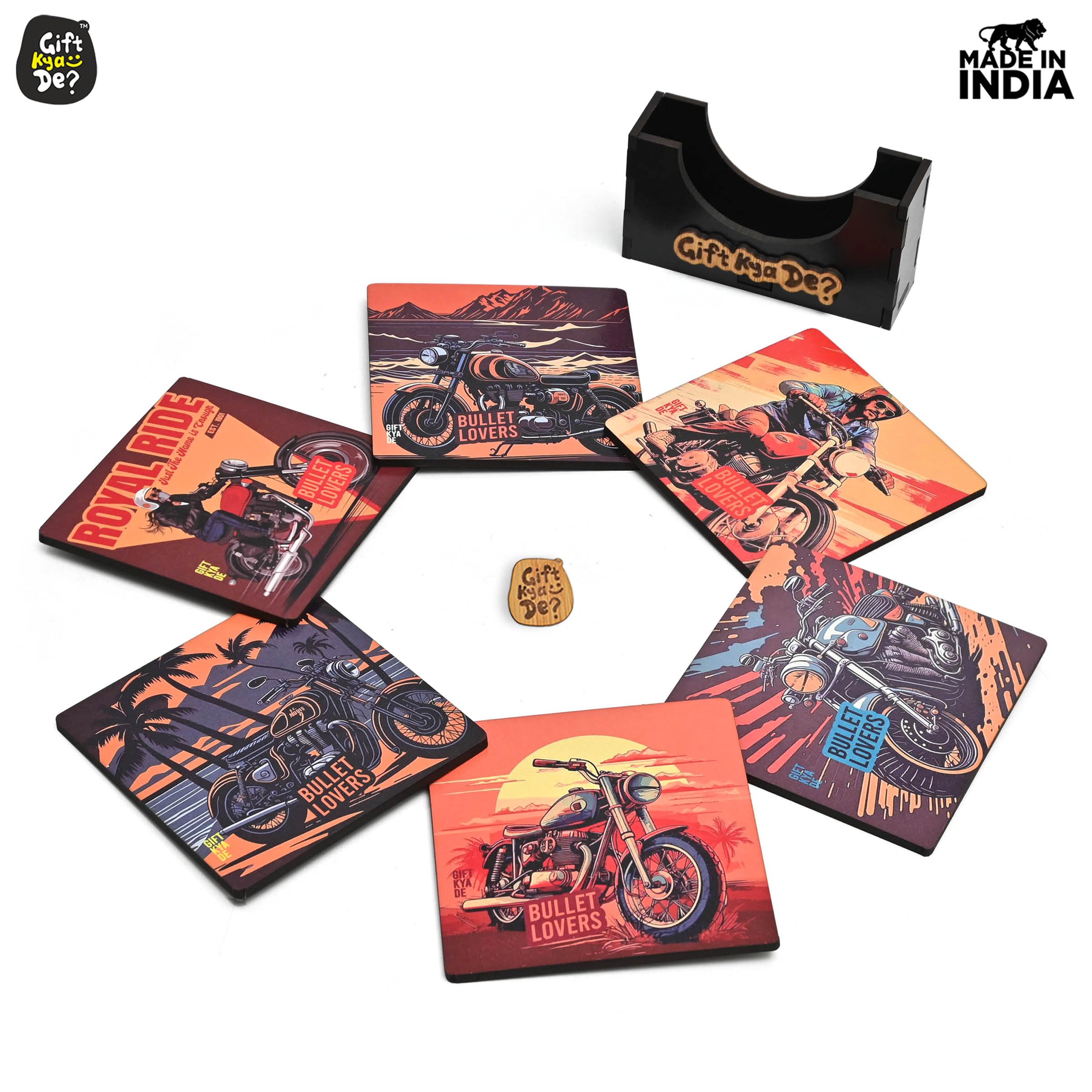 GKD 6-Piece Bullet Bike Coaster Set with Stand - Perfect for Tea, Coffee & Glasses - 3.8x3.8 Inch Square RE Bike Design - Ideal for Motorcycle Enthusiast Gifts & Home Bar Decor