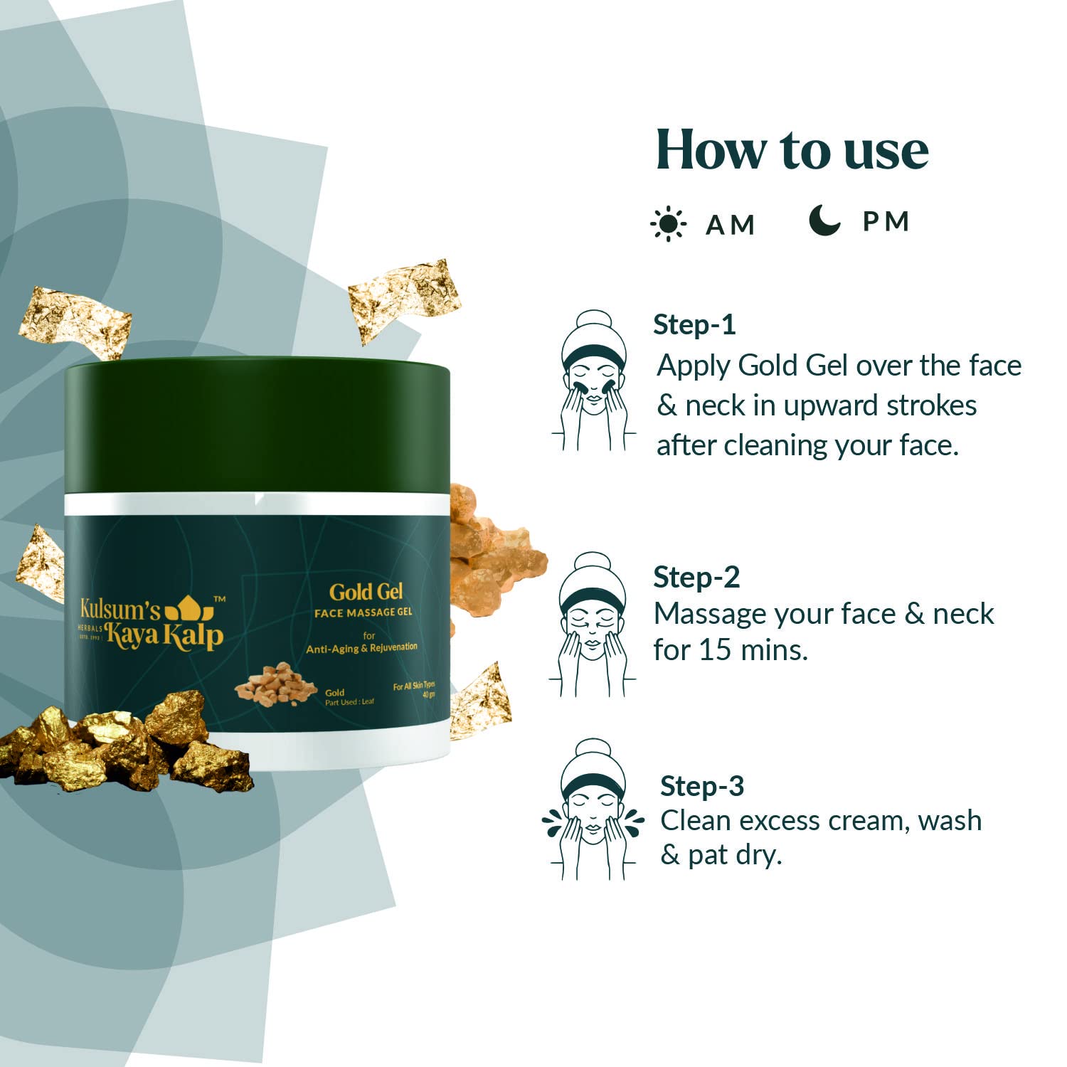 Kulsum's Kaya Kalp Herbals Gold Gel Face Massage Gel for All Skin Types - 40g | Brightening & Anti-Aging Facial Treatment | Perfect for Daily Skincare Routine & Spa Nights