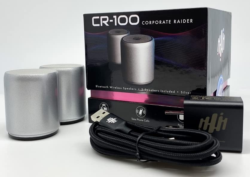 Pure-Hypr Audio CR-100 Wireless Bluetooth Stereo Speaker Pair - Portable Speakers with 10-Hour Playtime, Premium Sound for Home & Office - Silver | Perfect for Desktop, Countertop, and Outdoor Entertainment
