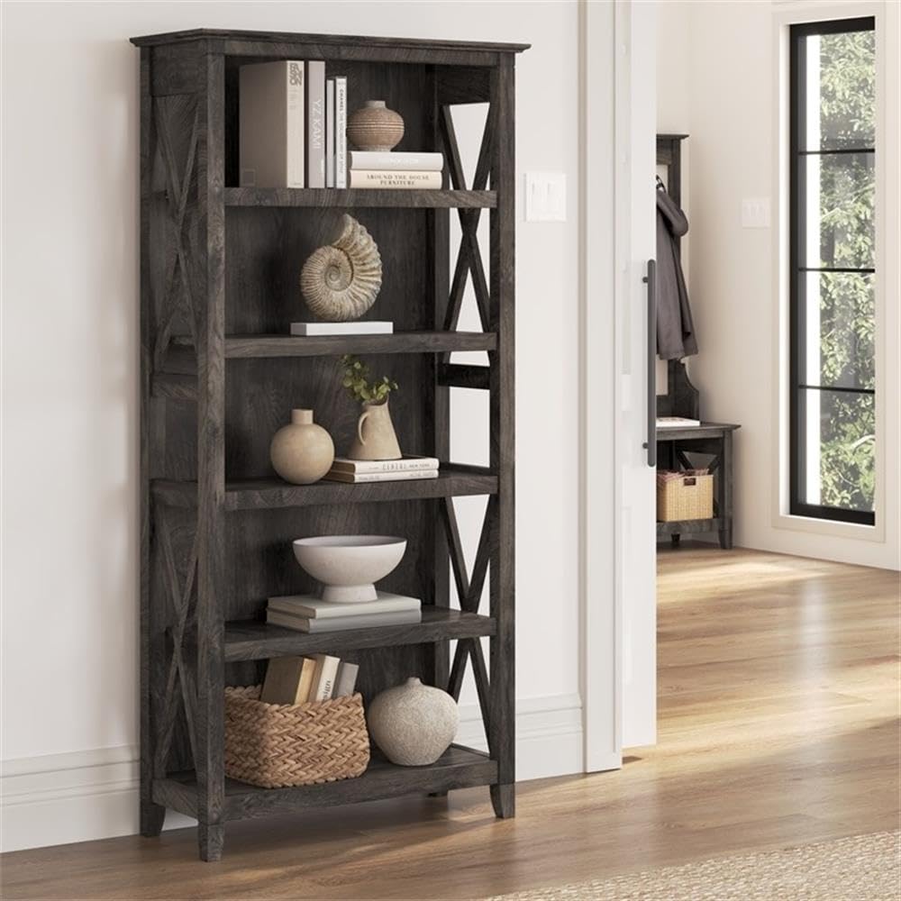 BOWERY HILL 5-Shelf Coastal Wood Tall Bookcase in Dark Gray - Perfect for Living Room, Bedroom, or Home Office Storage & Organization