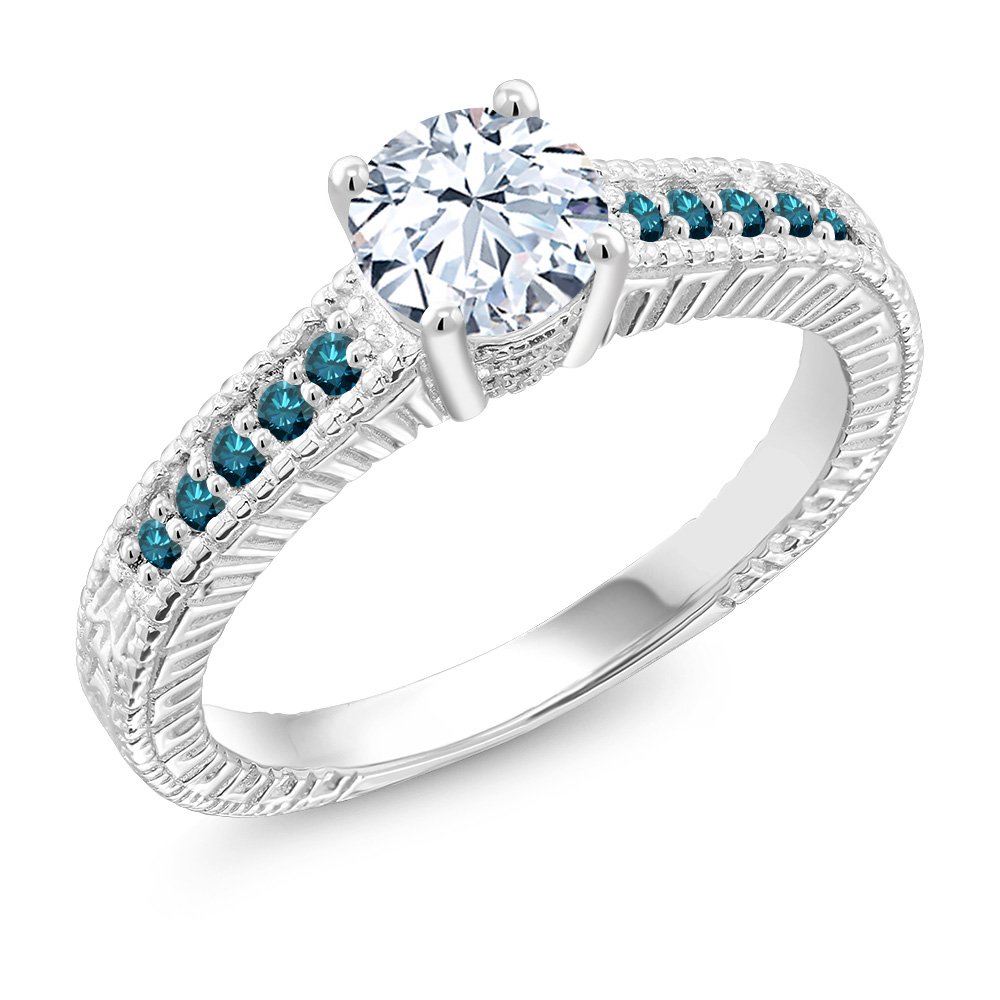 1.37 Ct White Created Sapphire & Blue Diamond 925 Sterling Silver Engagement Ring for Women - Elegant Wedding, Proposal & Anniversary Jewelry Gift