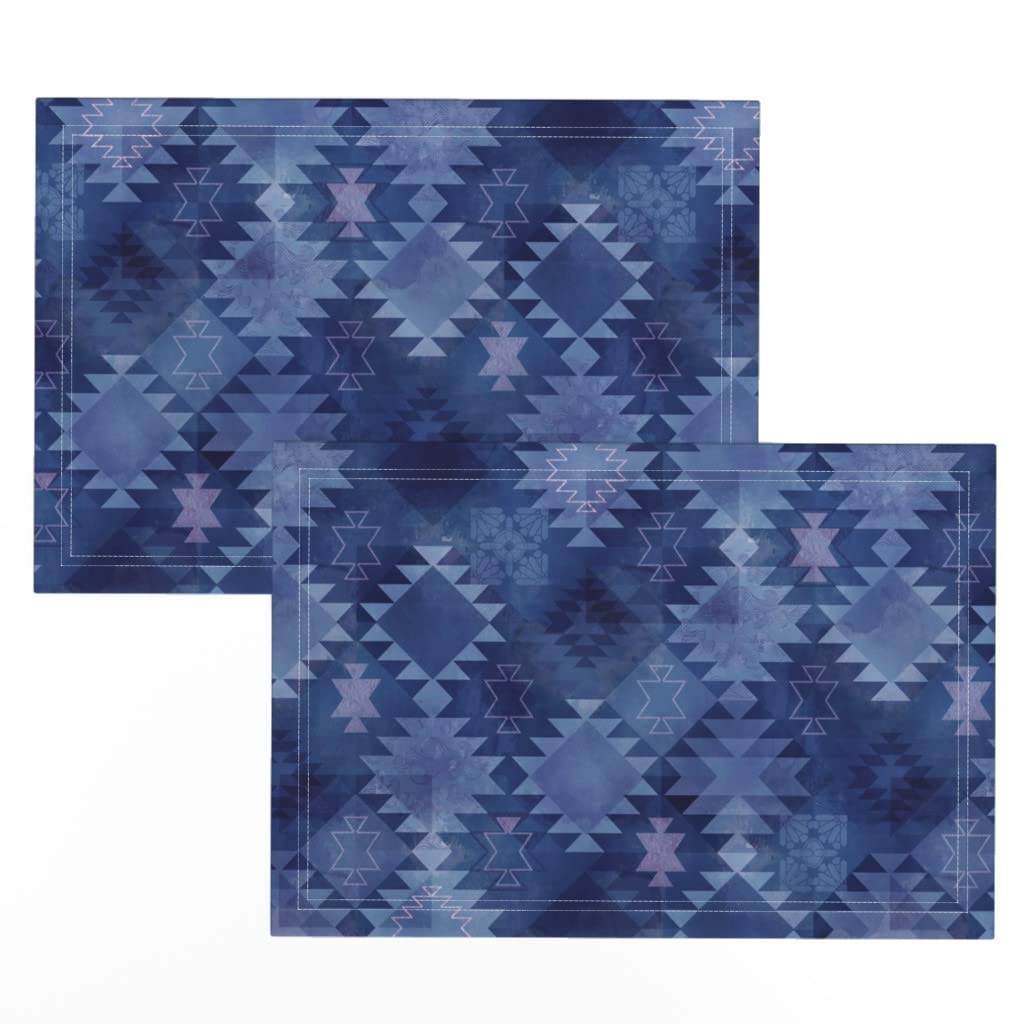 Premium Linen Cotton Canvas Placemats Set of 2 - Kilim Blue Violet Abstract Print Table Mats for Dining, Kitchen Decor & Party Settings