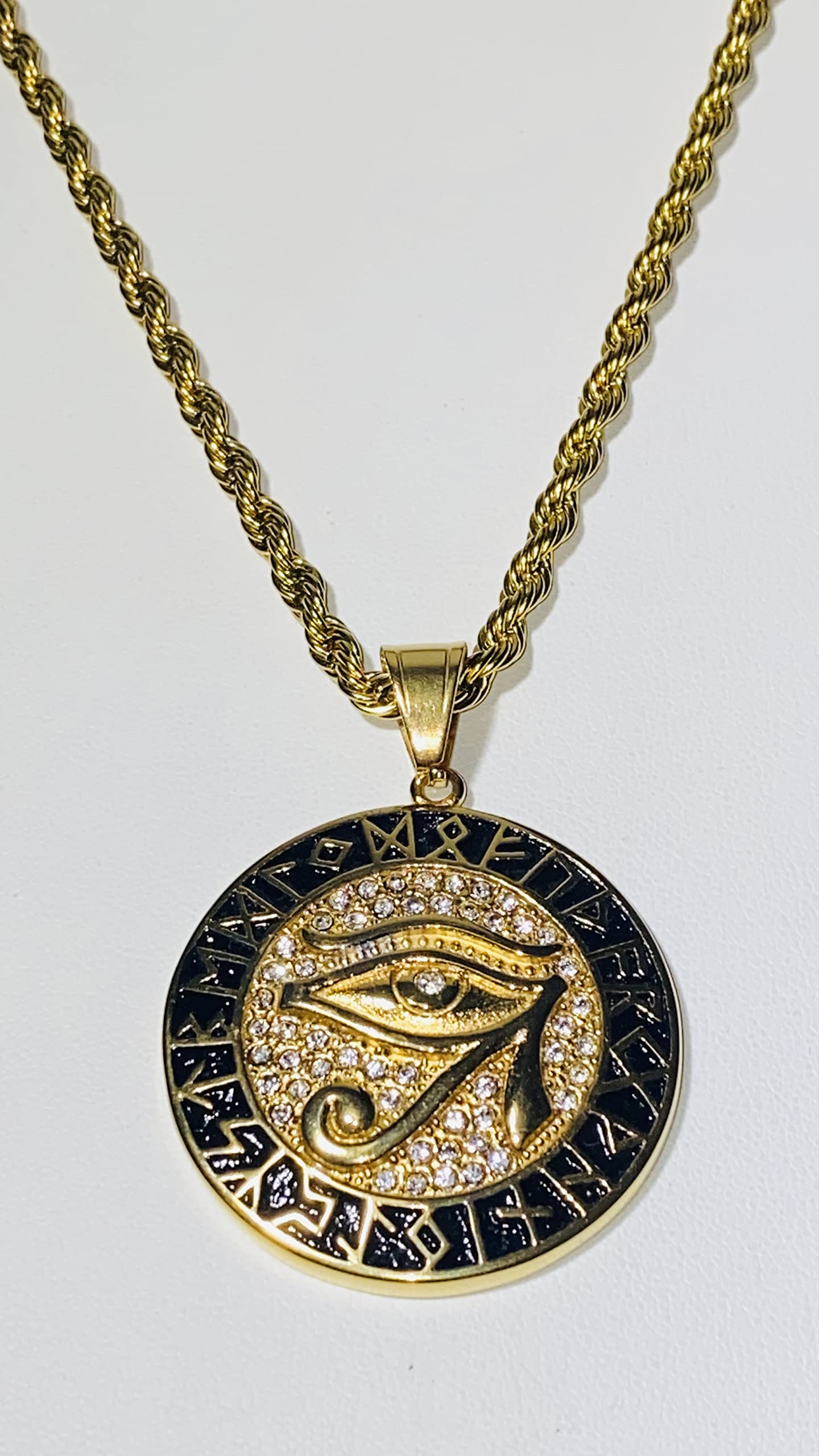 Egyptian Eye of Horus Evil Eye Protection Pendant Necklace - 14k Gold Finish Stainless Steel with 3mm Rope Chain for Men & Women - Ancient Symbol Jewelry for Spiritual Protection, Fashion Accessory, and Gift Idea - Perfect for Everyday Wear, Meditation, and Warding Off Negative Energy
