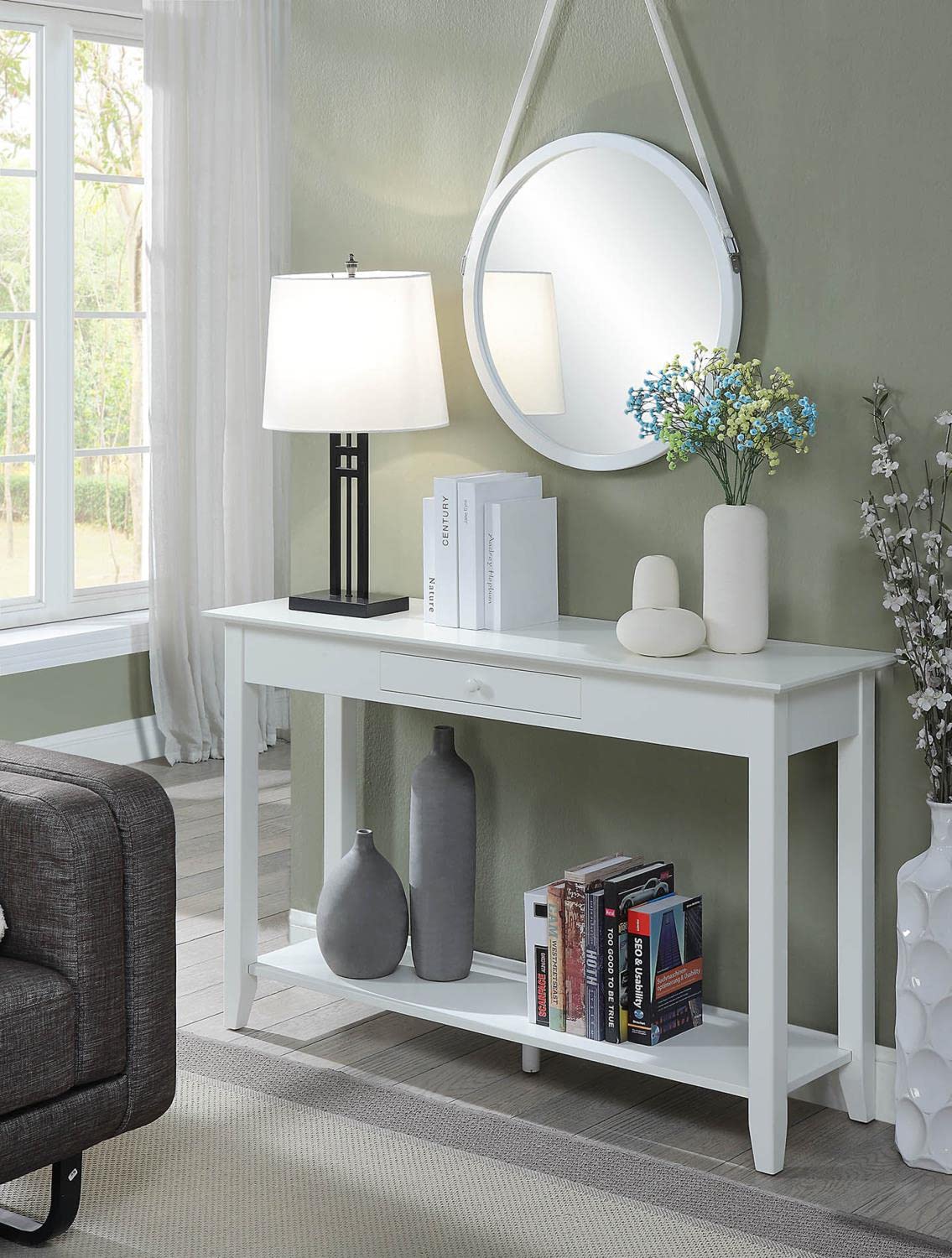 American Heritage White Console Table with Drawer - Entryway Hallway Sofa Table for Living Room, Bedroom & Office | Convenience Concepts