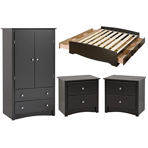 Home Square 4-Piece Bedroom Set with Storage Bed, Wardrobe Armoire & 2 Nightstands - Perfect for Small Spaces & Guest Rooms