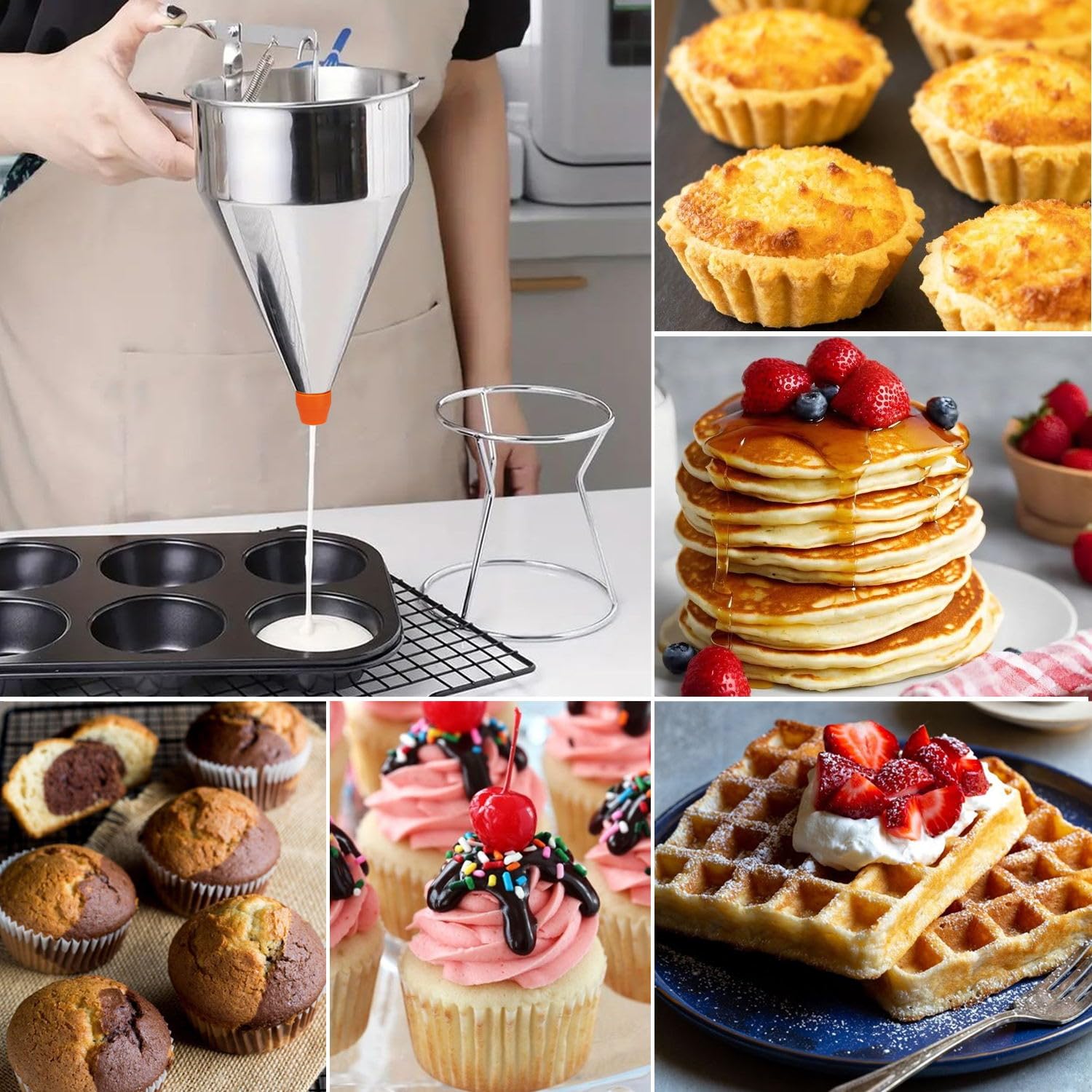 40oz Stainless Steel Pancake Batter Dispenser - Large 1200ml Funnel Cake Pourer with Stand | Commercial & Home Kitchen Use for Pancakes, Crepes, Waffles & Baking