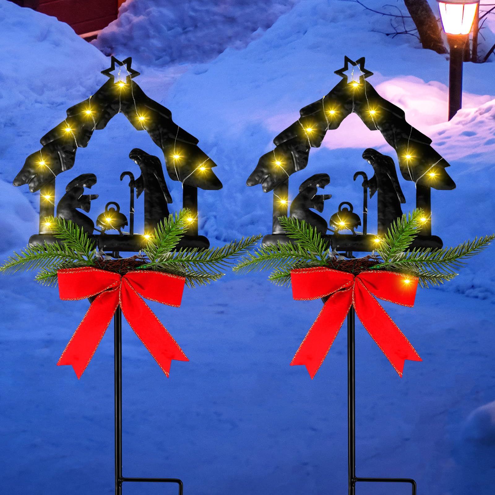 2 Pack Christmas Solar Stake Lights - Nativity Scene LED Outdoor Decor with Poinsettia Flowers, Waterproof Metal Yard Stakes for Garden, Lawn & Pathway (Perfect for Holiday Family Gatherings & Nighttime Display)