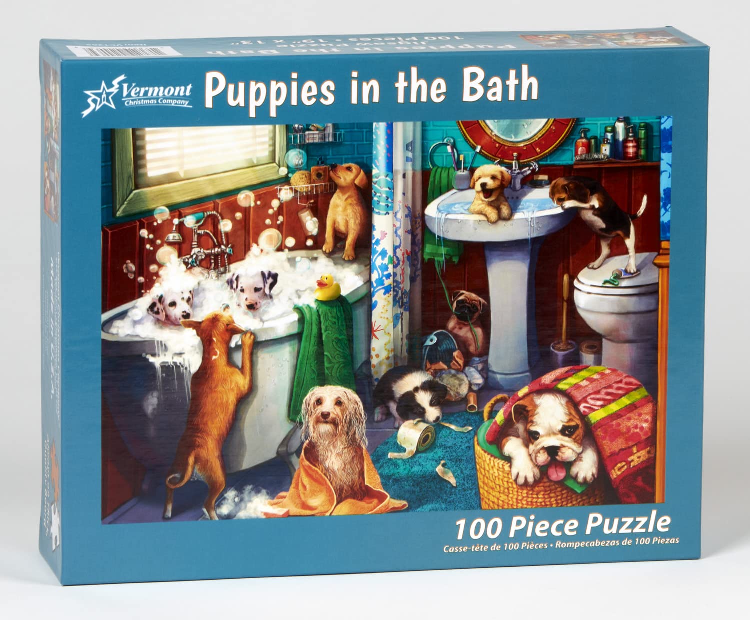 Vermont Christmas Company 100-Piece Puppies in The Bath Jigsaw Puzzle - Large 19x13 Inch Durable Puzzle Board for Kids & Adults - Perfect for Family Game Night & Holiday Gift Giving