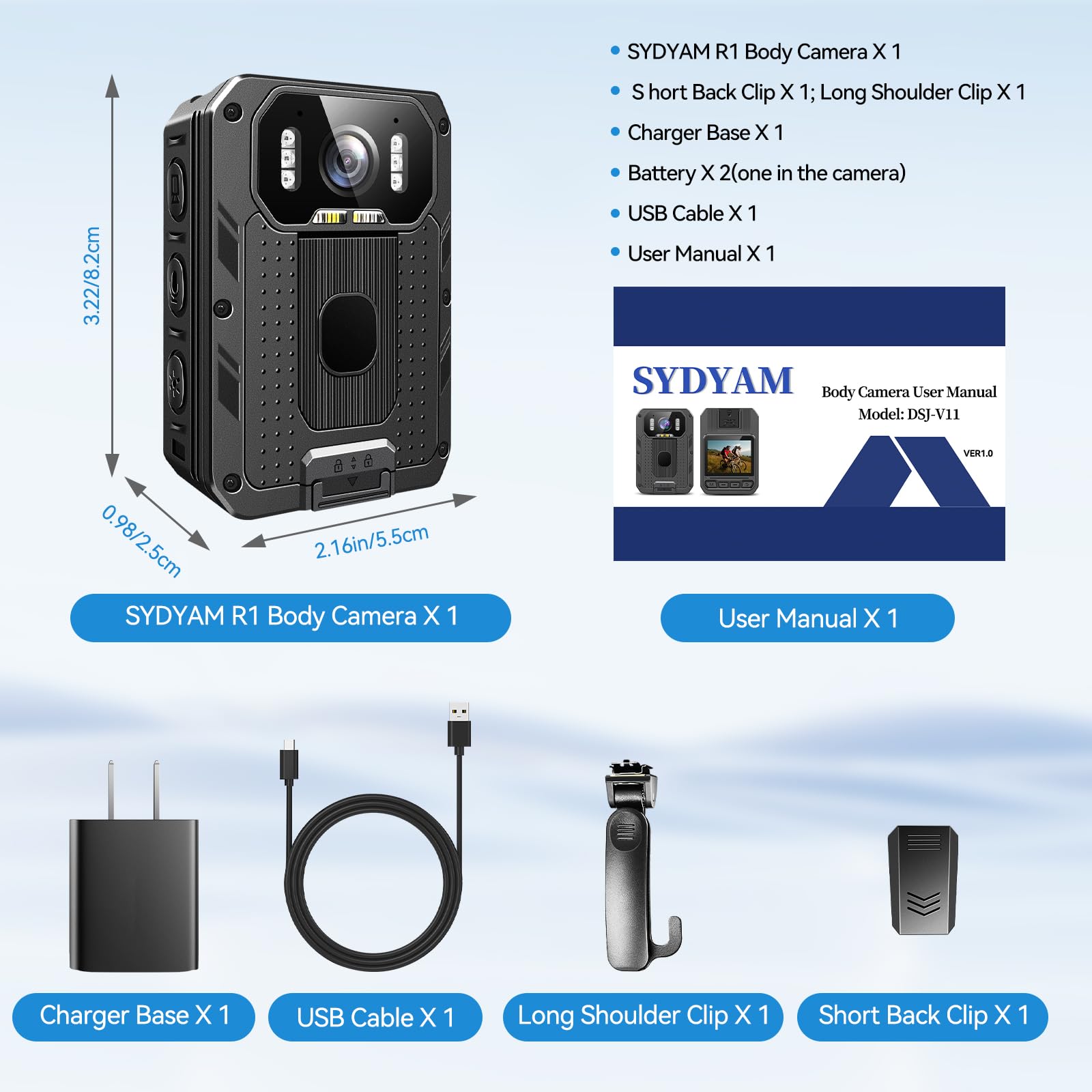 SYDYAM 4K 64GB Body Camera with Audio Recording - Waterproof IP68 Police Body Cam, 13-15 Hours Battery Life with 2x 2350mAh Batteries, H.265 Video Codec - Ideal for Law Enforcement, Security Patrol, Hiking & Outdoor Adventures