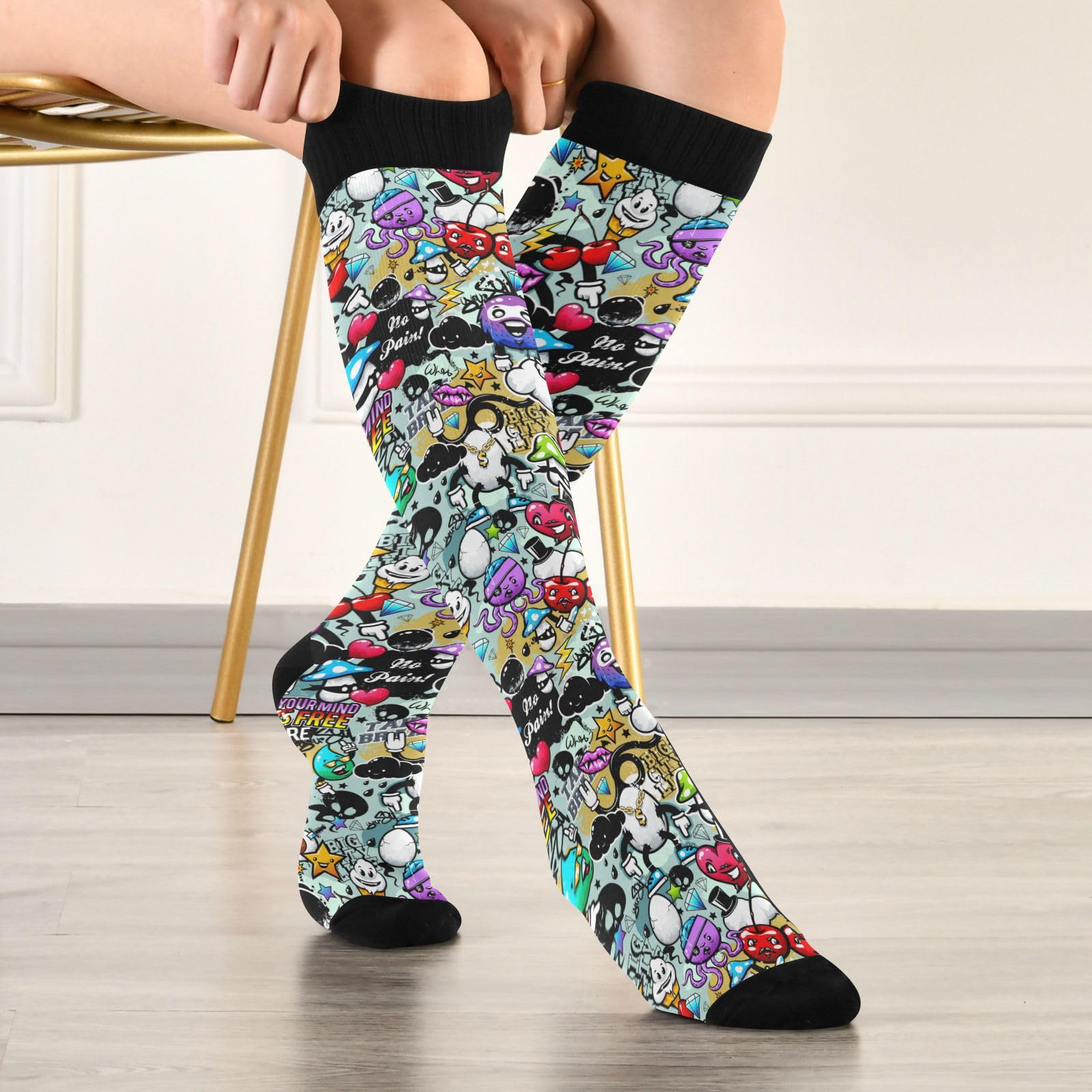 JUNZAN Compression Knee High Socks for Men & Kids - Graffiti Design Athletic Socks for Running, Sports, Nursing - Breathable Support Socks for Workout, Hospital Shifts & Daily Wear