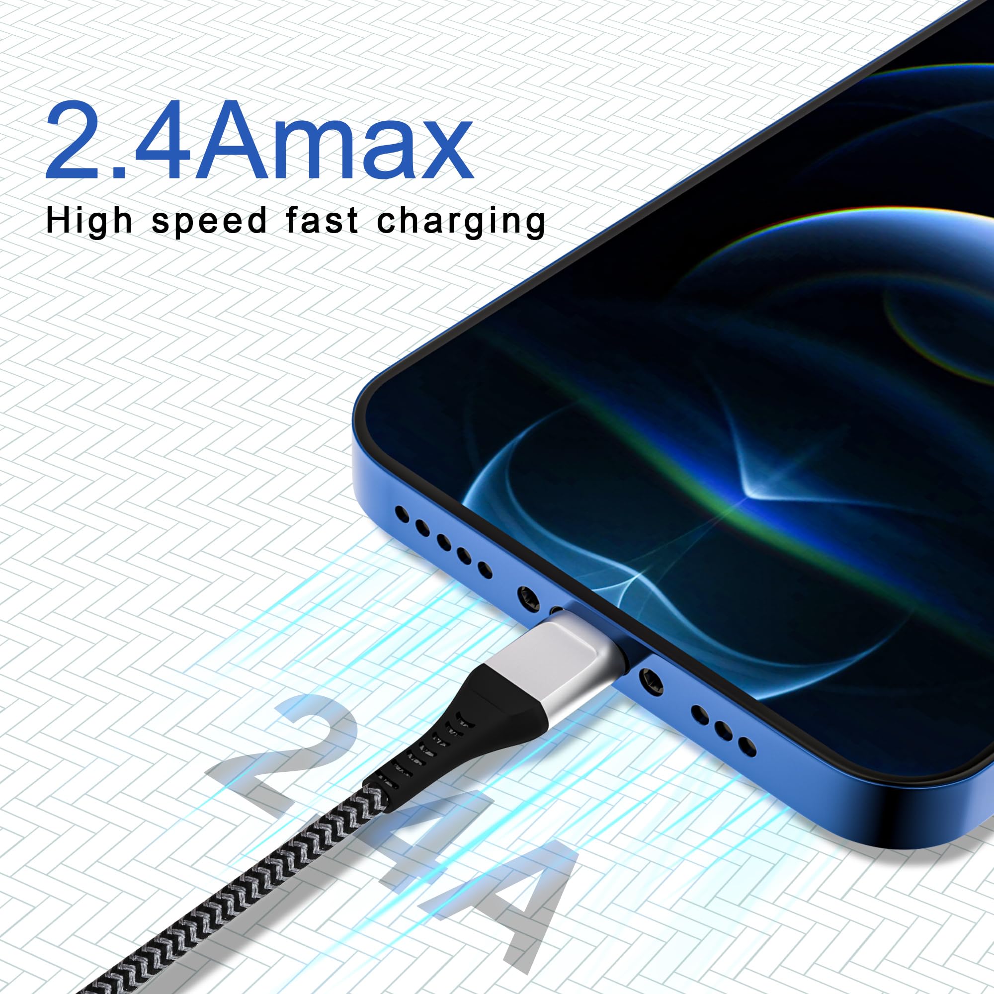 3-Pack 3ft iPhone Charger Cable - Fast Charging Cord Compatible with iPhone 14/13/12/11/X/8/7/6 Series - Durable Nylon Braided Grey Cable for Home, Office & Travel Use