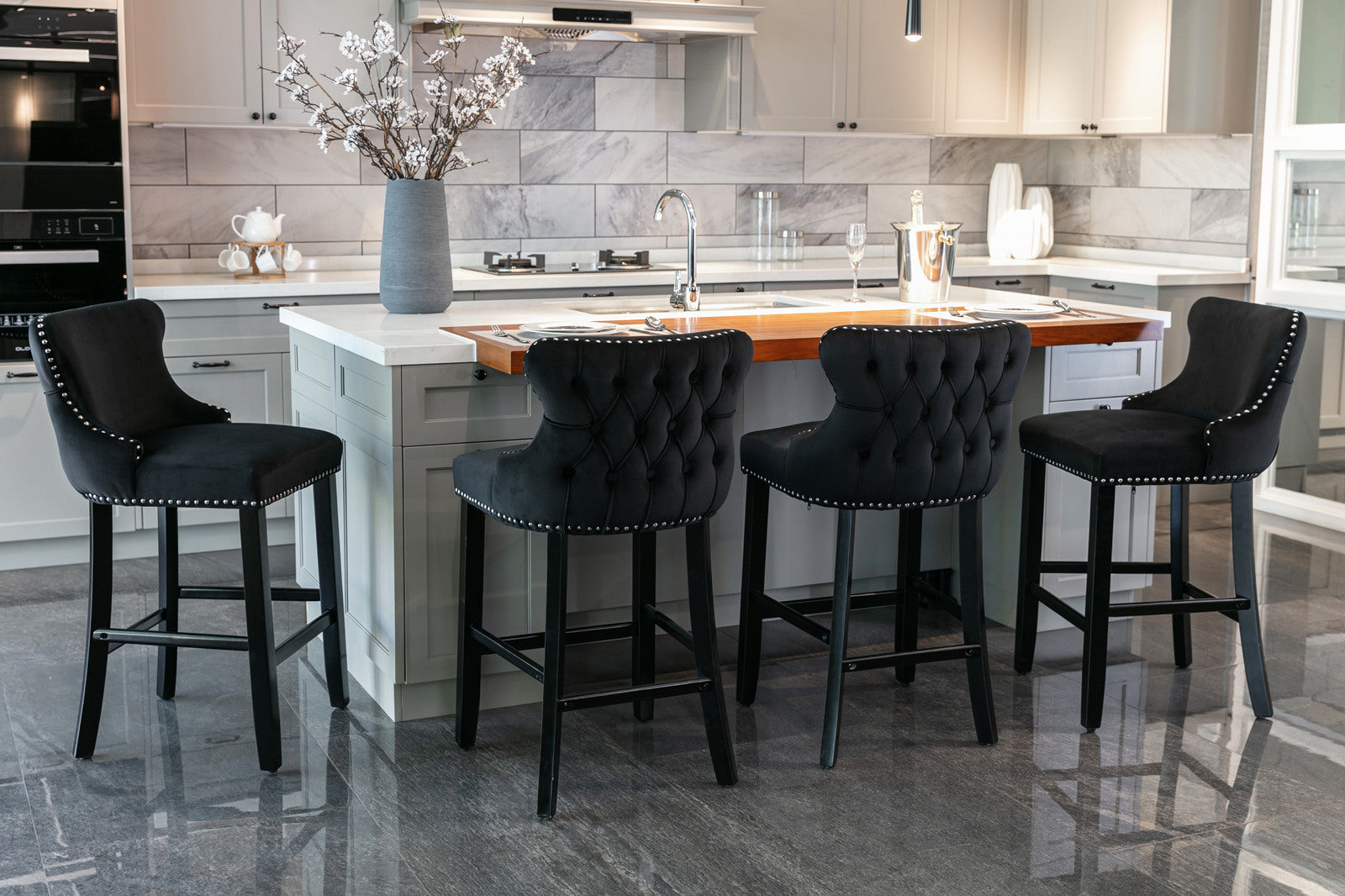 Modern Velvet Upholstered Wingback Bar Stools with Button Tufting & Wooden Legs - Set of 4 Black Bar Chairs with Chrome Nailhead Trim for Kitchen Island, Home Bar & Dining Room Decor - SW1824BK