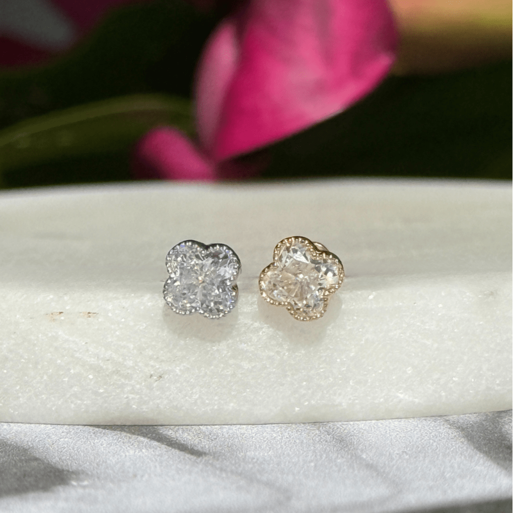 14K Solid Yellow Gold Gemstone Clover Flat Back Stud Earrings with Milgrain Detailing – Perfect for Everyday Wear, Gifts & Special Occasions