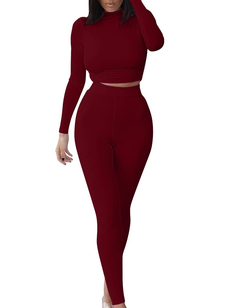 GOKATOSAU Women's Sexy 2 Piece Outfit Long Sleeve Crop Top & High Waist Pants Set - Clubwear, Party Jumpsuit for Night Out, Date Night & Special Occasions