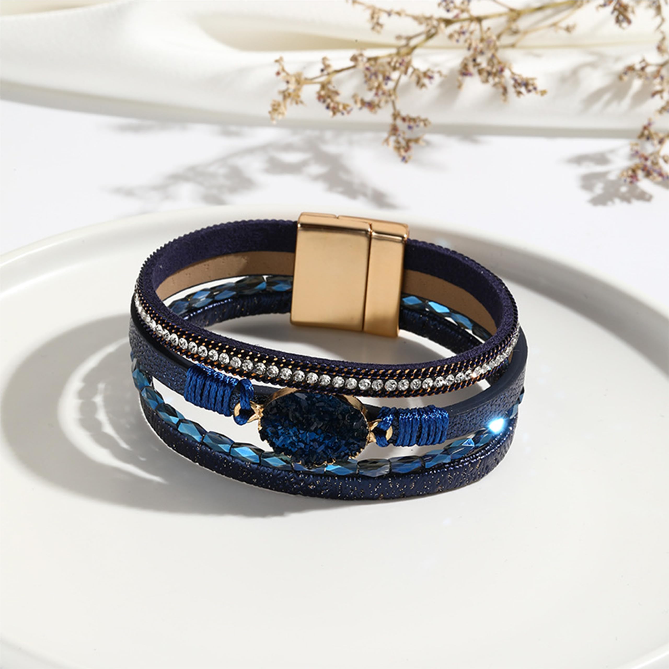 Trendy Blue Leather Wrap Bracelet for Women - Stackable Multi-Layer Cuff Bracelet - Western Style Jewelry for Everyday Wear & Layering Outfits