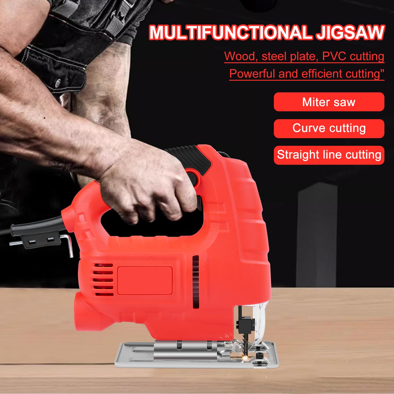 800W Corded Electric Jigsaw Power Tool Kit - 6 Variable Speed Settings with 10 Blades & Edge Guide - Professional Wood, Metal & Plastic Cutting Saw for DIY Projects, Home Renovation & Craft Work