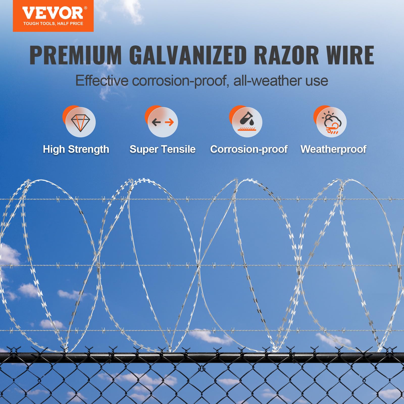 VEVOR 147 ft Galvanized Razor Barbed Wire - 3 Rolls Double Spiral Razor Ribbon Fencing for Security, Garden Protection & Perimeter Defense | Heavy Duty Galvanized Steel Wire for Home, Farm & Commercial Use