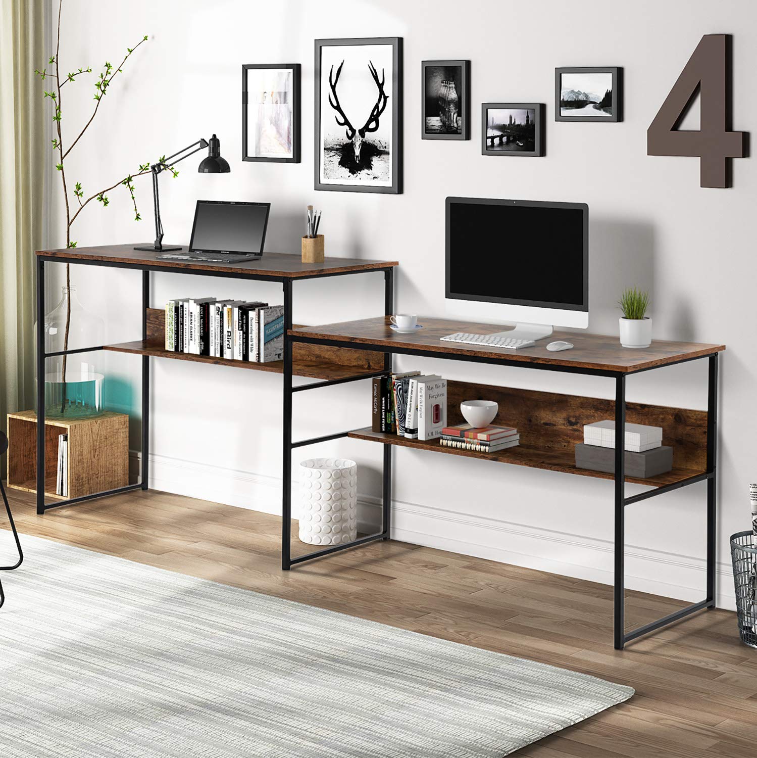 Binrrio 94 Inch Large 2 Person Double Computer Desk with Shelves - Spacious Home Office Workstation for PC & Laptop, Perfect for Shared Workspaces & Remote Work