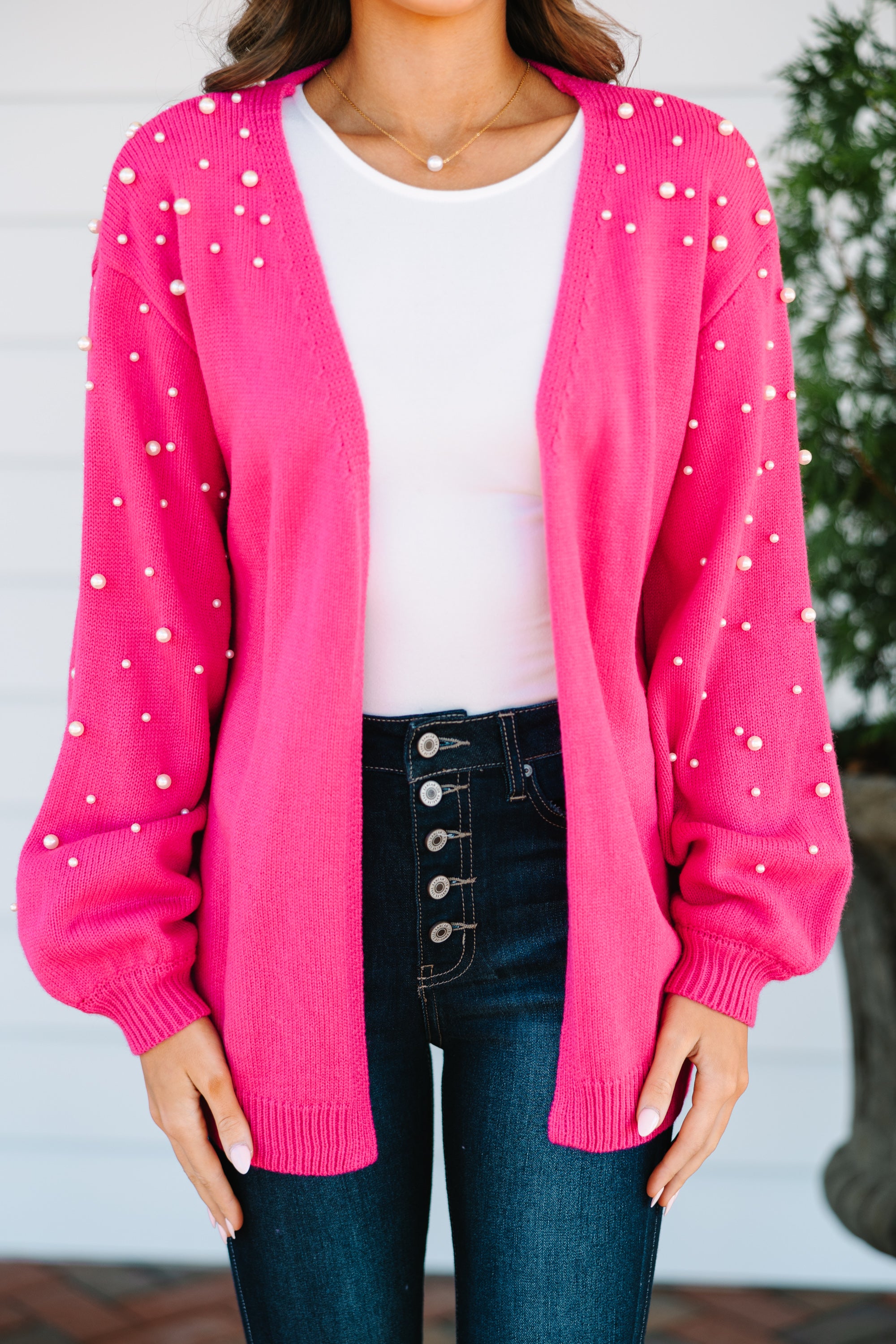 Fuchsia Pink Embellished Cardigan for Women - Stylish Knit Sweater with Beaded Details | Perfect for Office, Date Night & Fall Layering