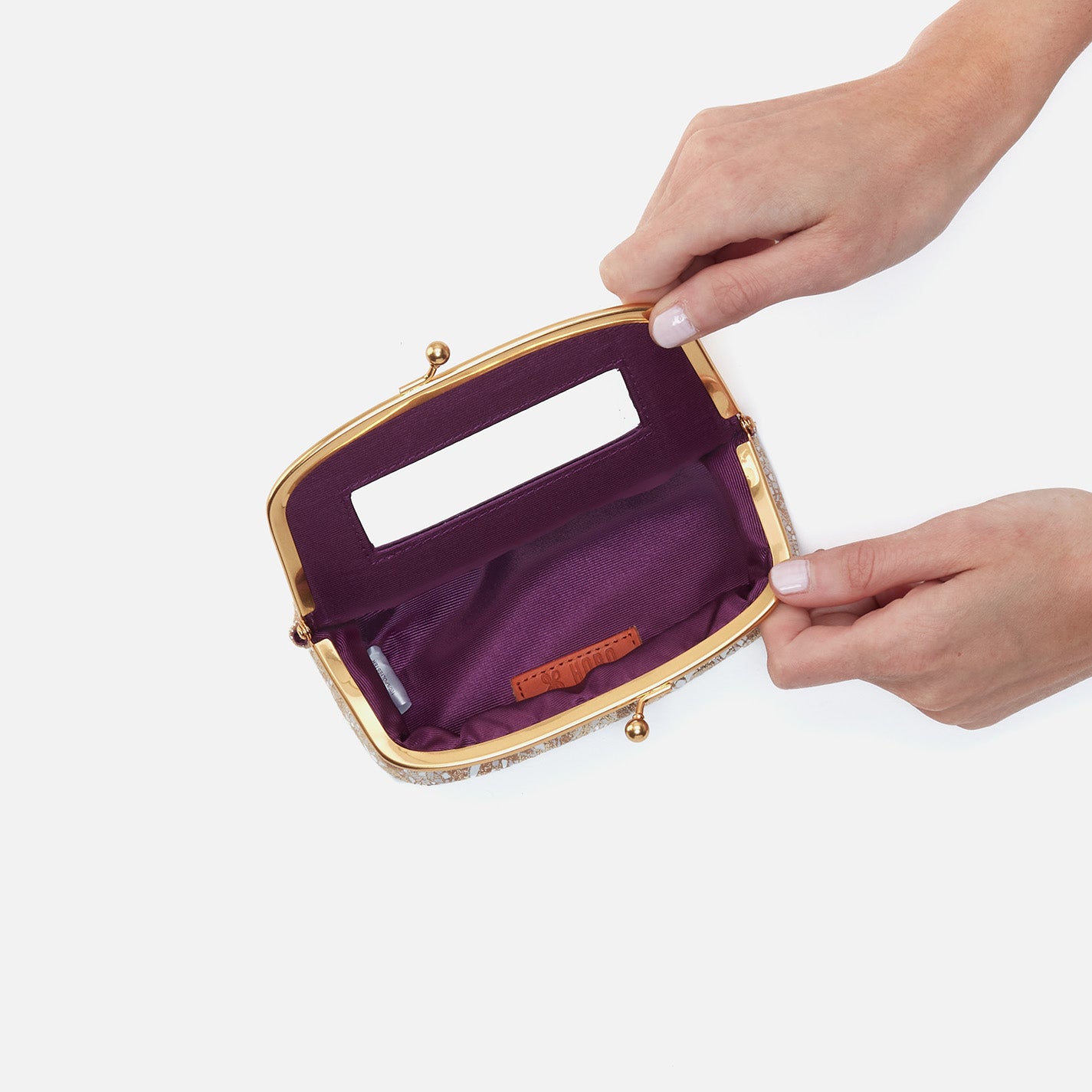 Save Face Frame Pouch in Printed Leather with Gilded Petals - Elegant Women's Wallet for Everyday Use, Travel & Special Occasions