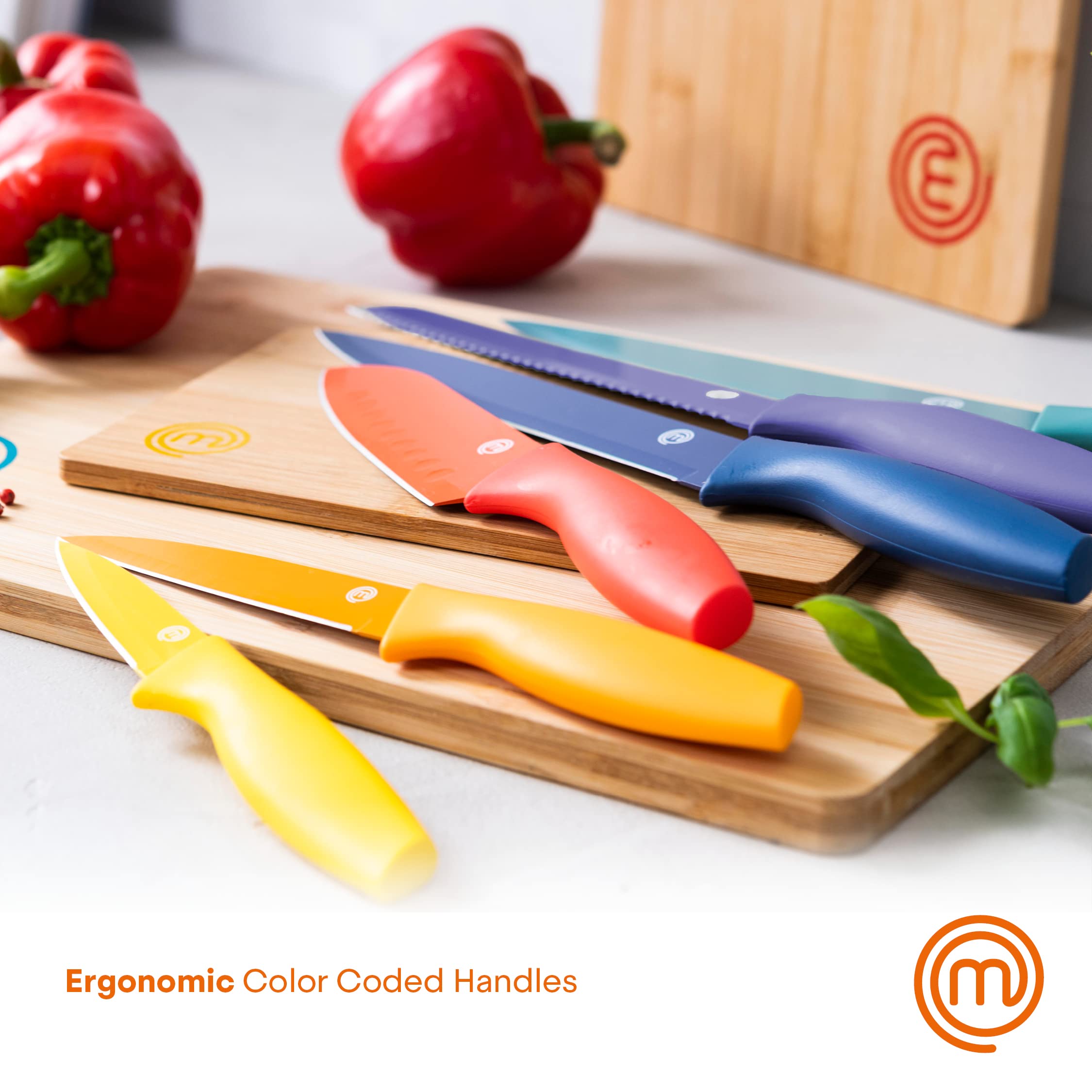 MasterChef 12-Piece Premium Kitchen Knife Set with Protective Covers - Includes Paring, Boning, Carving, Bread, Santoku & Chef Knives - Razor-Sharp Stainless Steel Blades with Sheaths (6 Colorful Knives + 6 Covers) - Perfect for Home Cooking, Professional Chefs & Culinary Enthusiasts