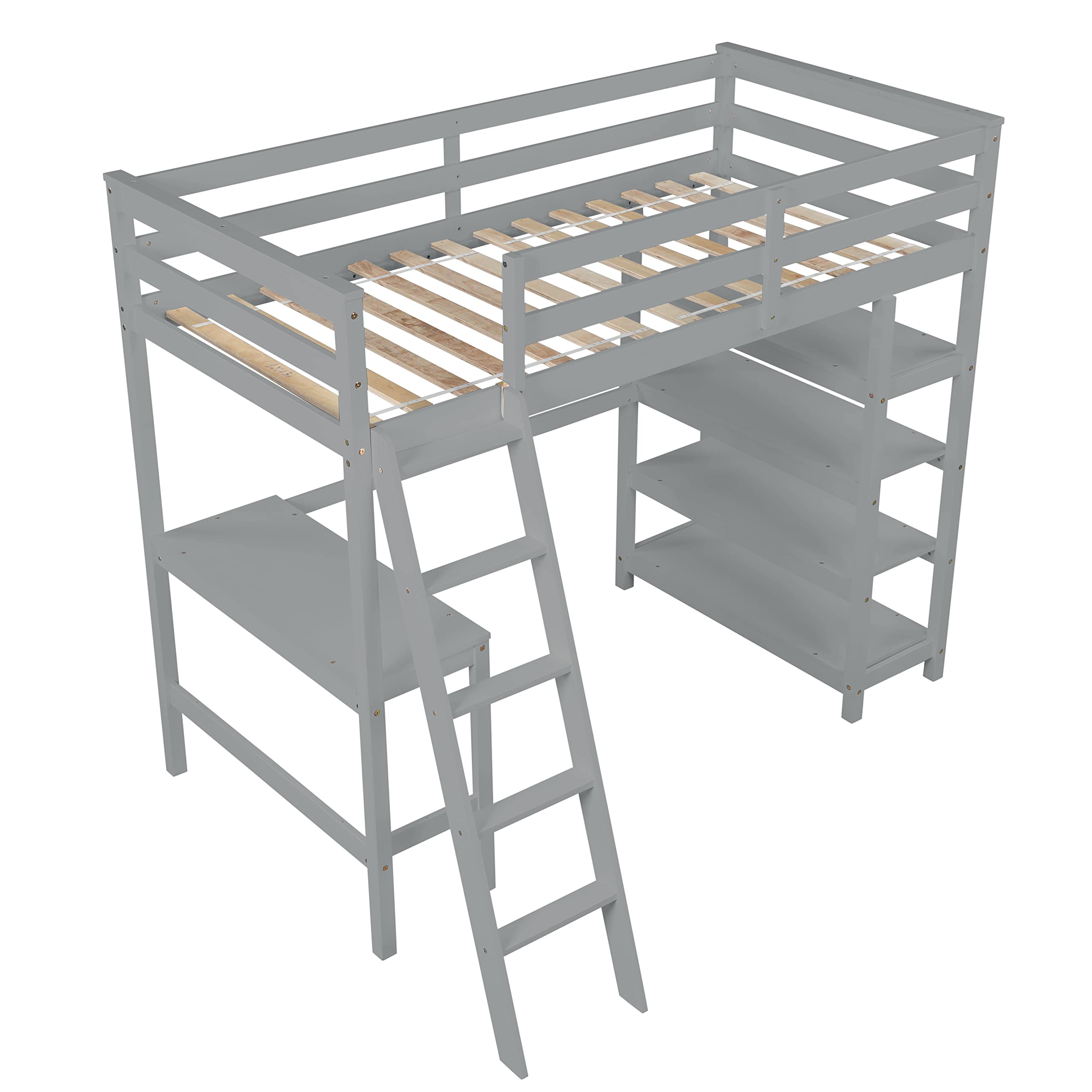 SOFTSEA Twin Size Wood Loft Bed with Desk & Shelves - Sturdy Kids High Loft Bed Frame with Safety Guard Rails & Built-in Ladder - Space-Saving Study & Sleep Solution for Small Rooms - No Box Spring Needed