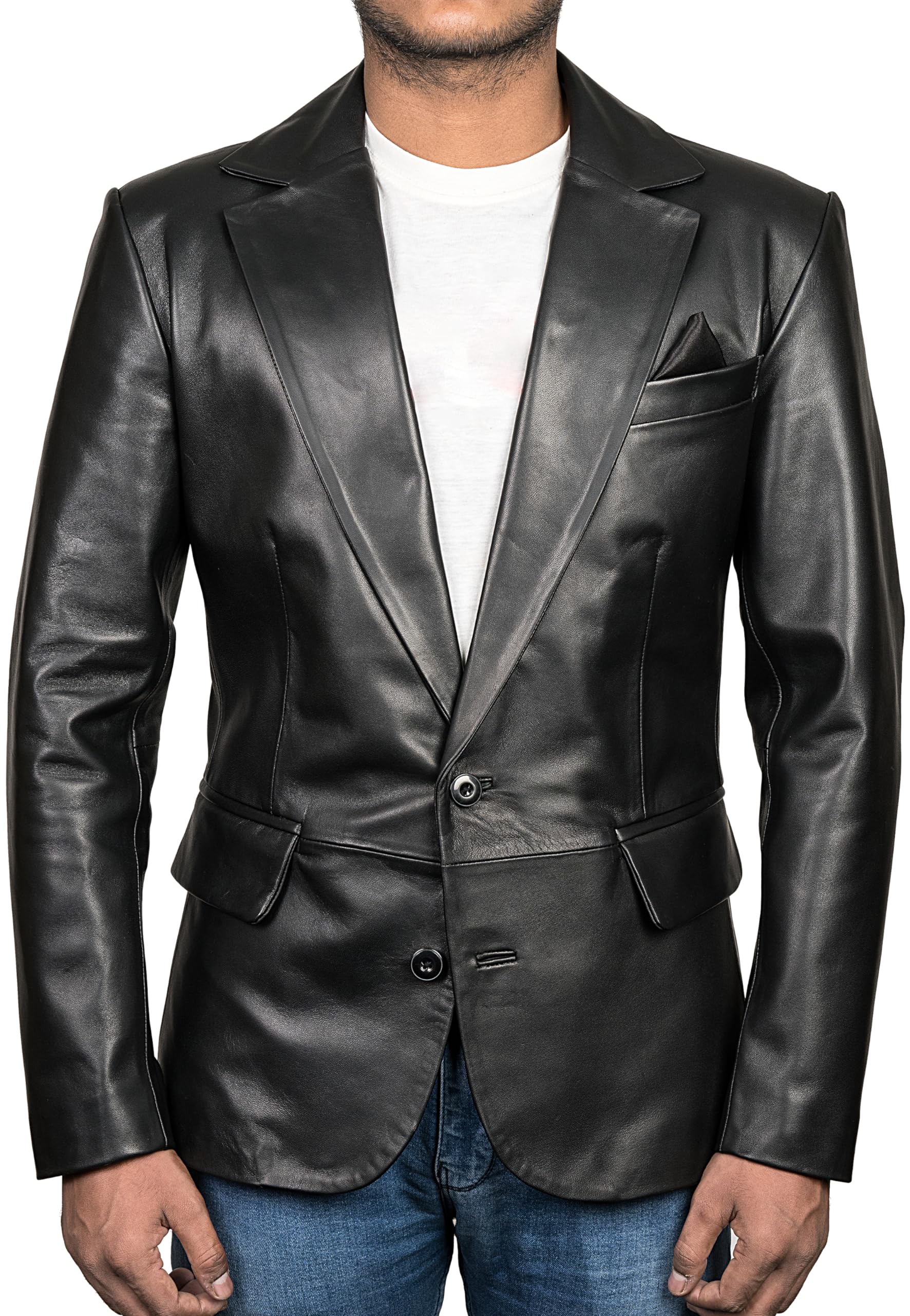HIGOBO Genuine Lambskin Black Leather Blazer for Men - Slim Fit Casual Overcoat Jacket - Perfect for Business, Office, and Evening Events