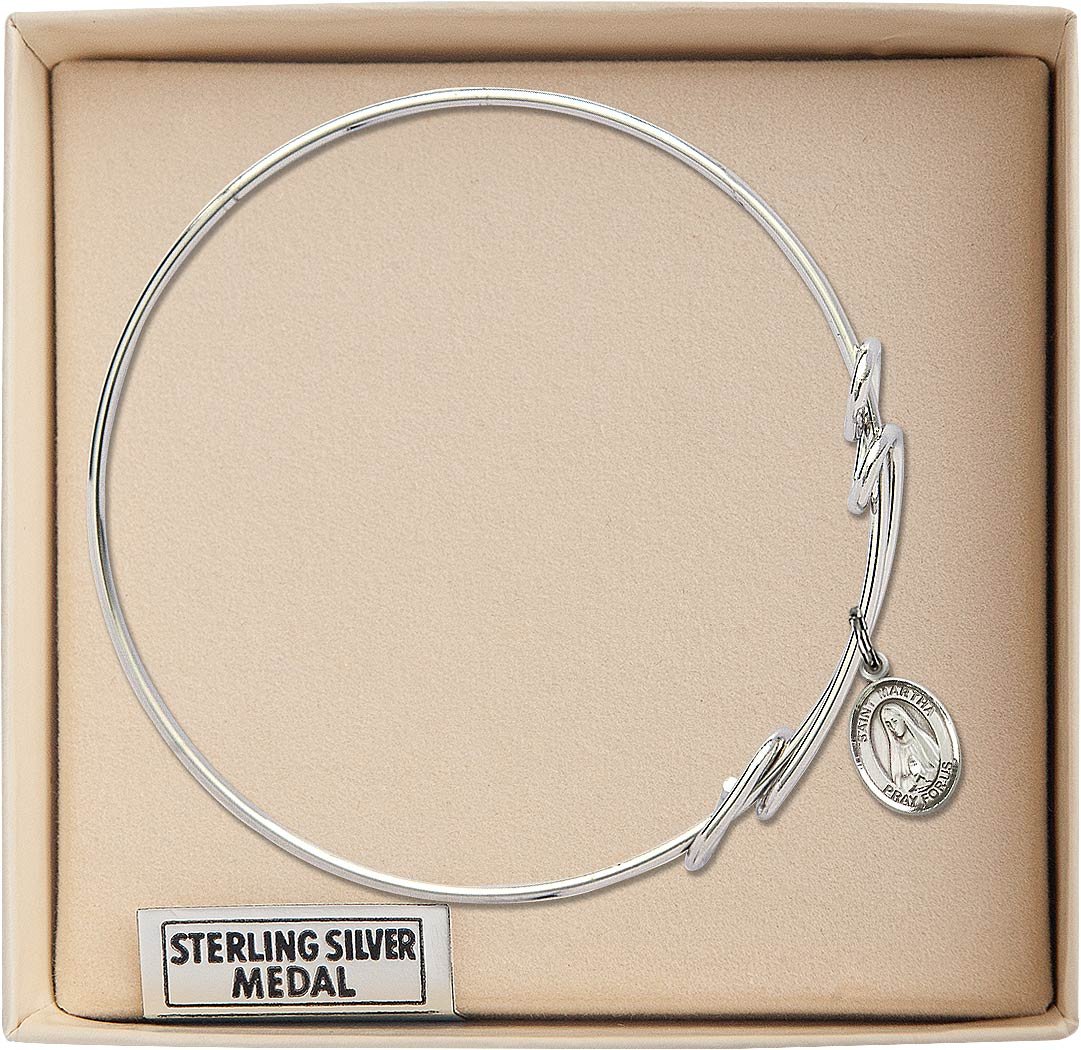 Sterling Silver Round Double Loop Bangle Bracelet with St. Martha Charm - Elegant Religious Jewelry for Women, Perfect for Church, Weddings & Special Occasions
