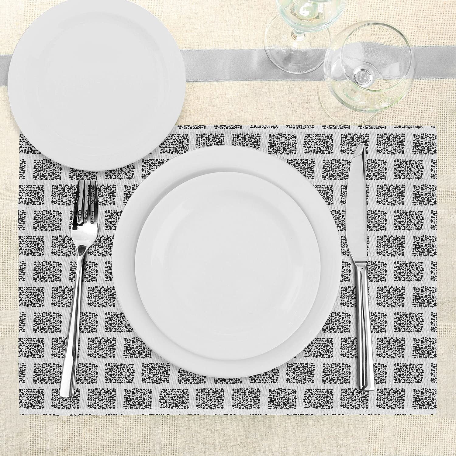 Ambesonne Abstract Place Mats Set of 4 - Square Doodle Dots Retro Halftone Design Washable Fabric for Dining Table & Kitchen Decor in Black & Coconut - Perfect for Dinner Parties, Holiday Gatherings & Everyday Use