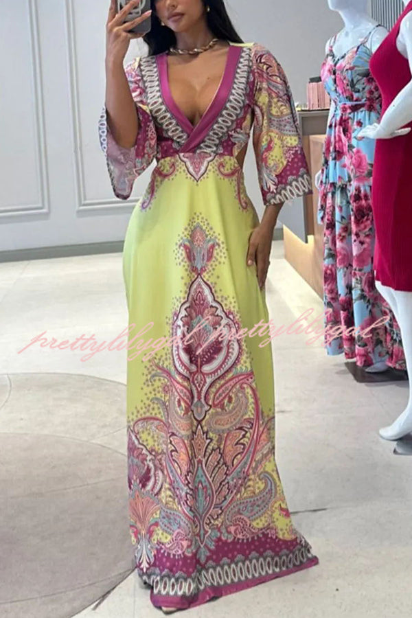 Elegant Palace Style Print Bell Sleeve Backless Maxi Dress for Women | Flowy Vacation & Beach Dress | Perfect for Summer Parties, Weddings & Tropical Getaways
