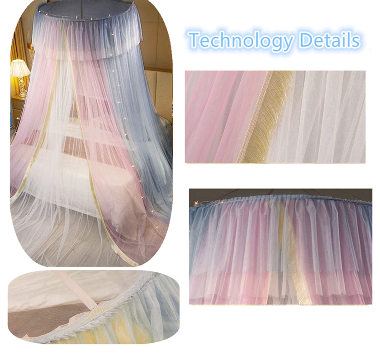 Princess Bed Canopy for Girls - Double Layer Sheer Mesh Dome Bed Curtain with Round Lace, Mosquito Net Tent for Twin Full Queen King Size Beds (Pink/Grey/White) - Perfect for Kids' Bedrooms, Nursery Decor, and Fairy Tale Themed Parties