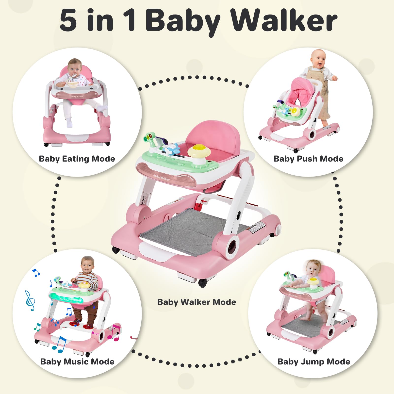 5-in-1 Baby Walker with Wheels - Adjustable Height & Speed, Music & Lights Activity Center for Infants 6-18 Months | Push Walker, Bouncer & Jumper for Boys & Girls | Perfect for Learning to Walk, Playtime & Early Development