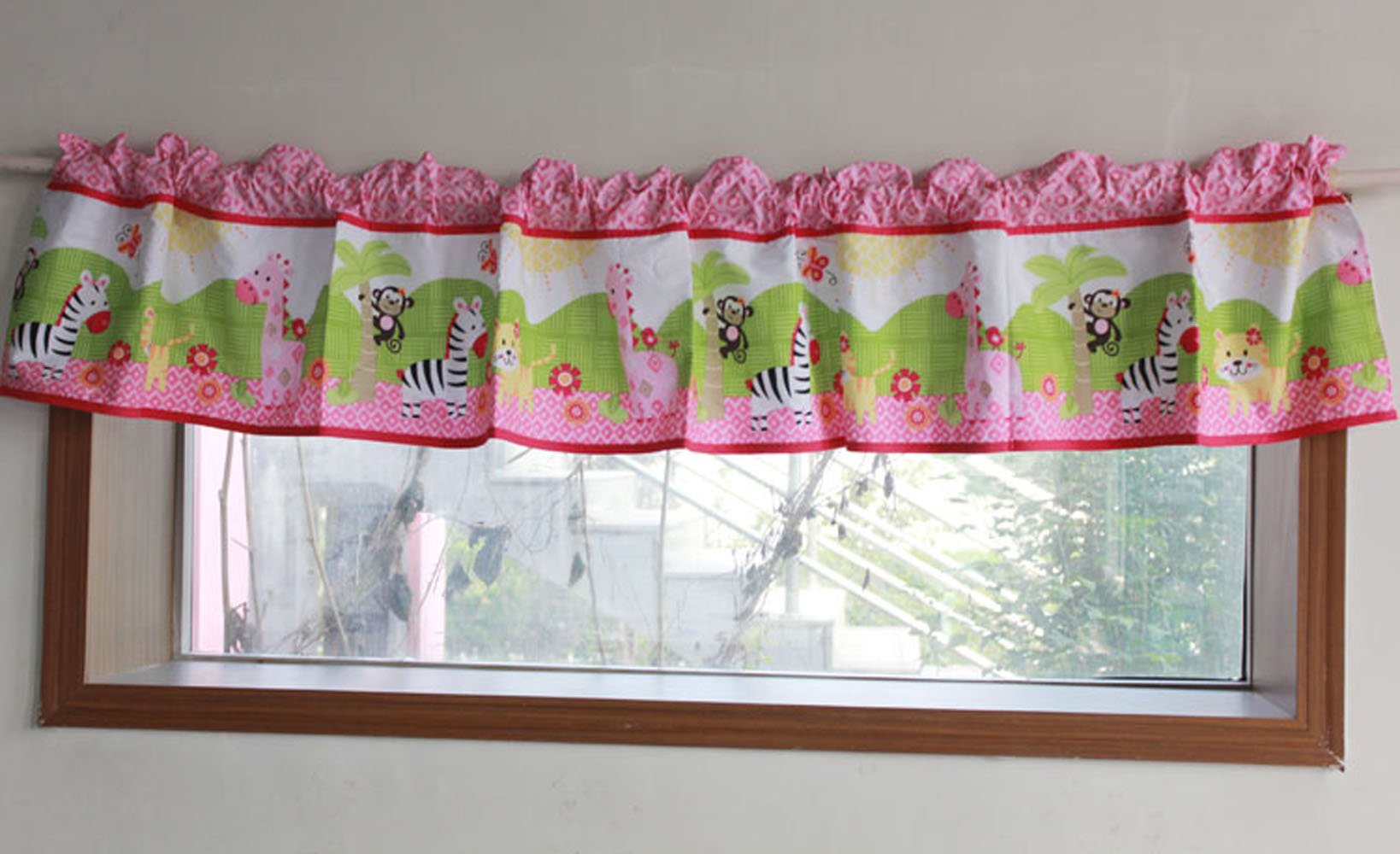 Pink Floral Animal Print Nursery Window Valance for Baby & Toddler Girls - Cute Wild Animal Design Kids Room Decor - Perfect for Bedroom, Playroom & Nursery Windows