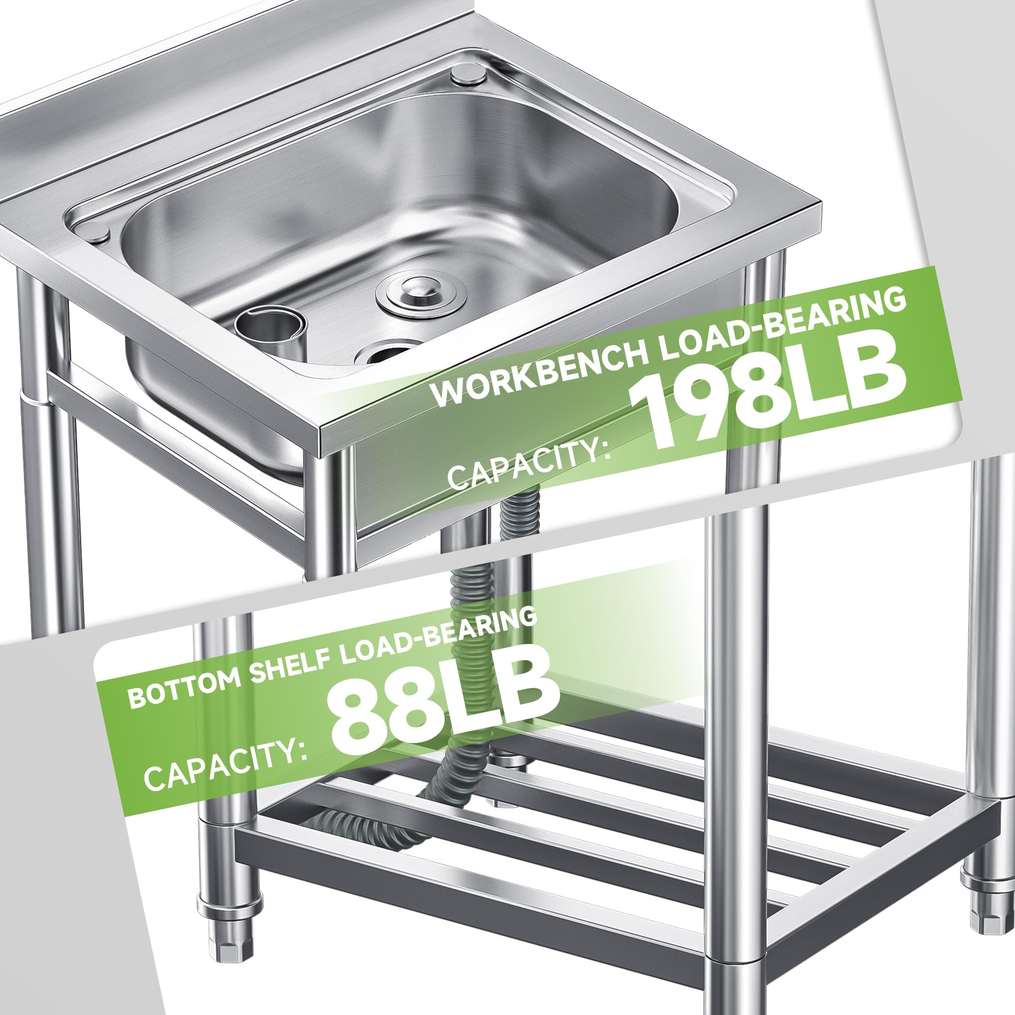 Stainless Steel Utility Sink - Free Standing Single Bowl Kitchen Sink with Hot & Cold Water Pipes | Portable Laundry Sink with Storage Shelf | Indoor & Outdoor Use (21.6 Inch) | Perfect for Basements, Garages, RV Camping & Backyard Washing