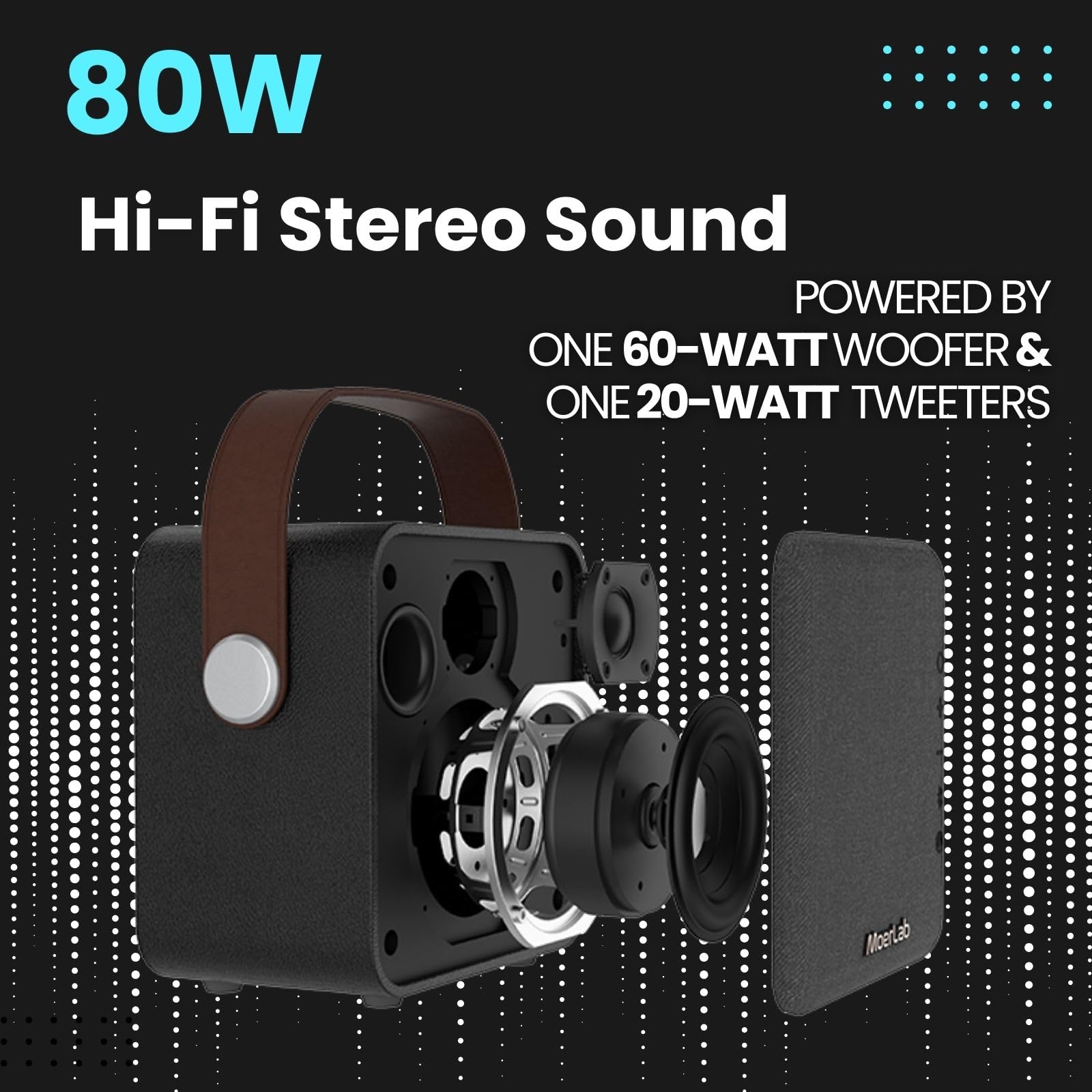 Moerlab Overture Auracast 80W Portable Bluetooth Speaker with Stereo Sound, Deep Bass, 20H Playtime, 66ft Range, Bluetooth 5.3 & TWS Pairing - Wireless Speaker for Outdoor, Home, Party, Travel, Beach & Camping