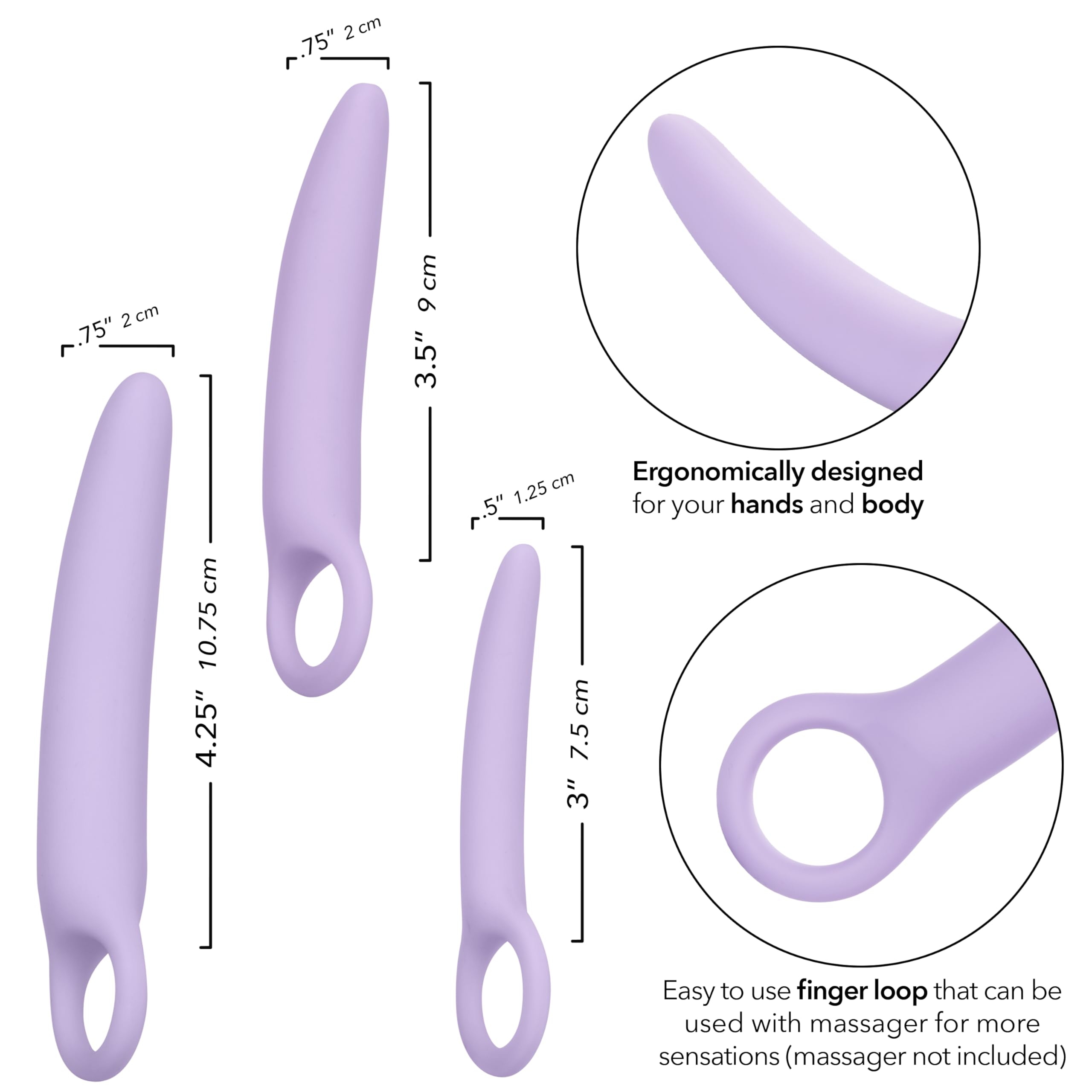 CalExotics Dr. Laura Berman Intimate Basics Alena - 3 Piece Silicone Dilator Set with Ergonomic Finger Loop - Waterproof & Body-Safe Sex Toy for Women - Purple - Perfect for Intimate Wellness, Pelvic Therapy & Sensual Exploration