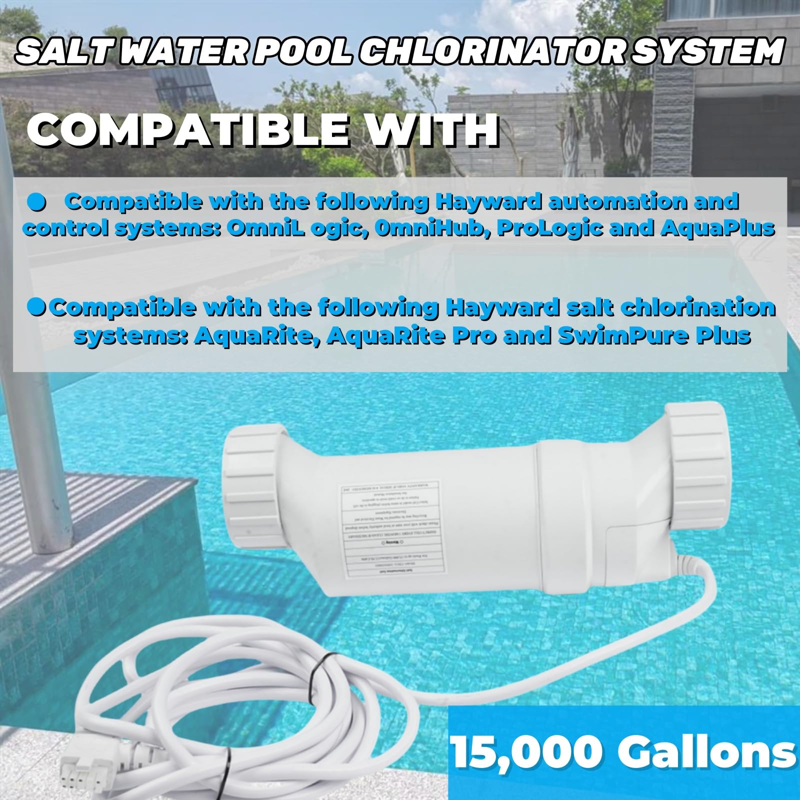 W3T-Cell-3 Salt Chlorinator System for In-Ground Pools | 15,000 Gallon Saltwater Generator with 15ft Cable | Compatible with Hayward T3 Mixizap | Perfect for Backyard Swimming Pool Maintenance & Water Sanitation