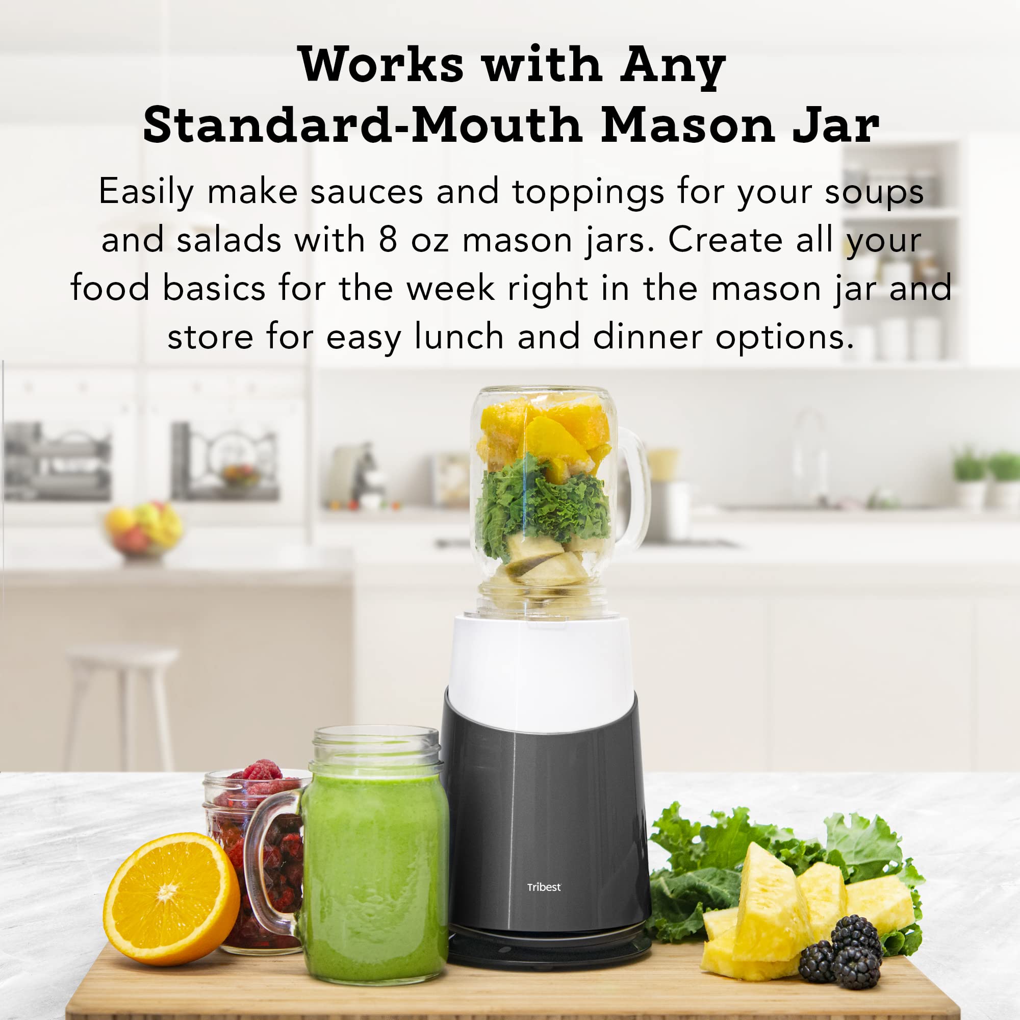 Tribest II Ready Personal Blender with Mason Jar Mug - 500W Powerful Countertop Blender for Smoothies, Protein Shakes & Meal Prep - Compact Gray Blender for Home, Office & Gym Use