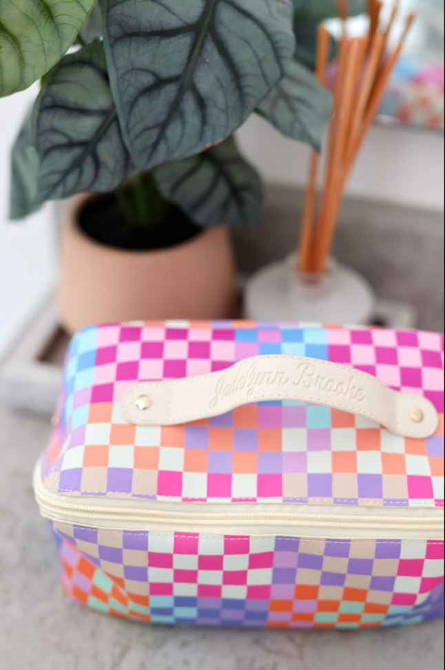 Happy Checkered Makeup Bag - Waterproof Cosmetic Organizer for Travel & Daily Use (Multi Checkered Pattern) - Perfect for Toiletries, Brushes & Beauty Essentials