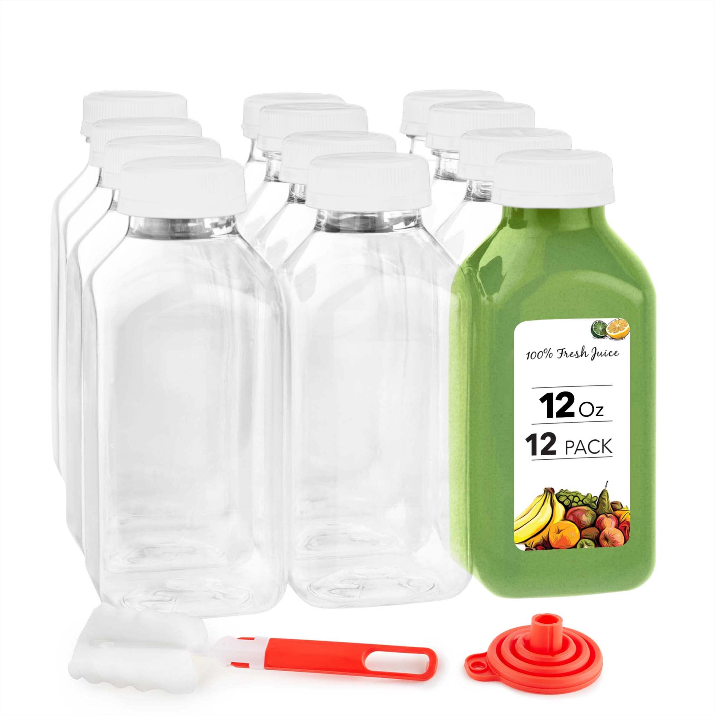12 oz Clear Reusable Plastic Juice Bottles with Caps - Bulk 12 Pack for Juicing, Smoothies, Shots & Water Storage | Perfect for Mini Fridges, Home Bars, Gym & Office Use