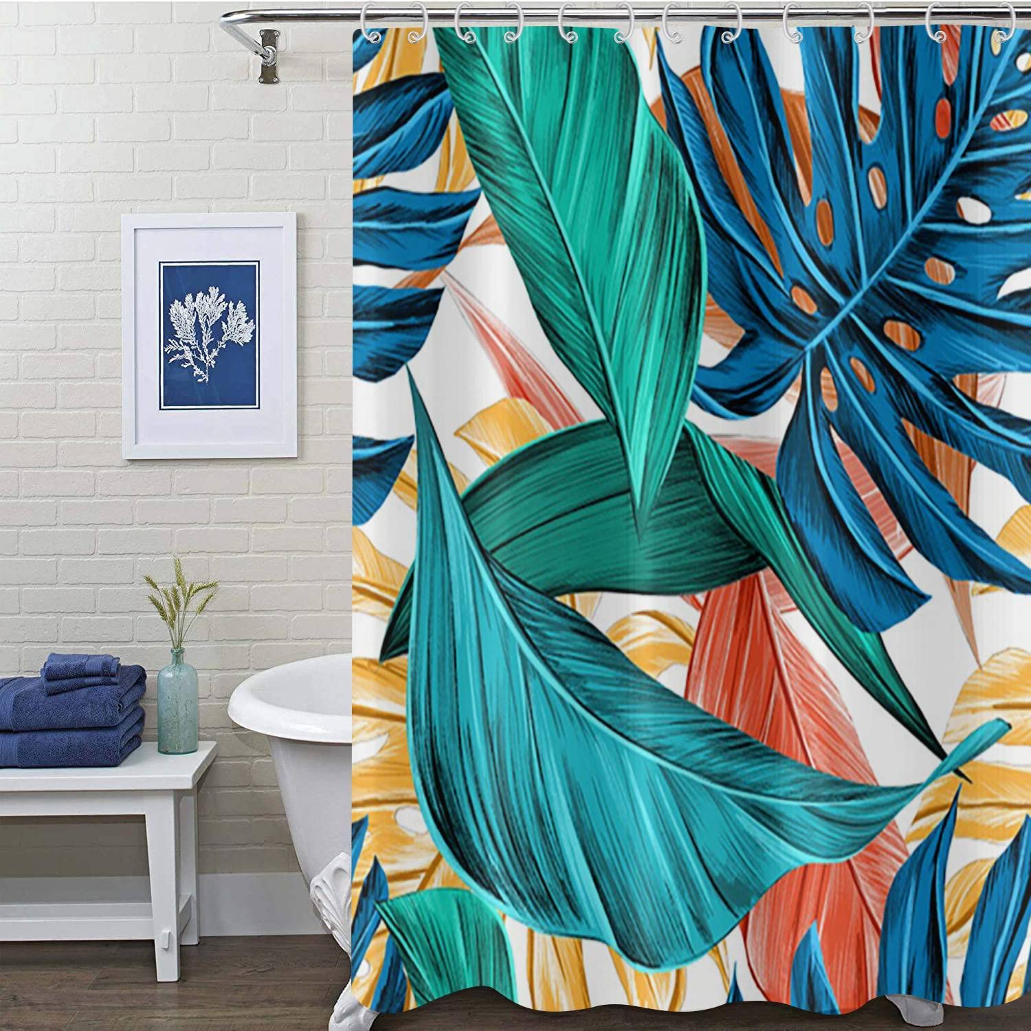 Tropical Monstera Leaf Shower Curtain - Colorful Palm Banana Leaves Bathroom Decor, Hawaiian Jungle Theme Waterproof Fabric with Hooks, Machine Washable for Bathroom & Bathtub Accessories - Perfect for Beach House, Boho Chic or Tropical Themed Bathrooms