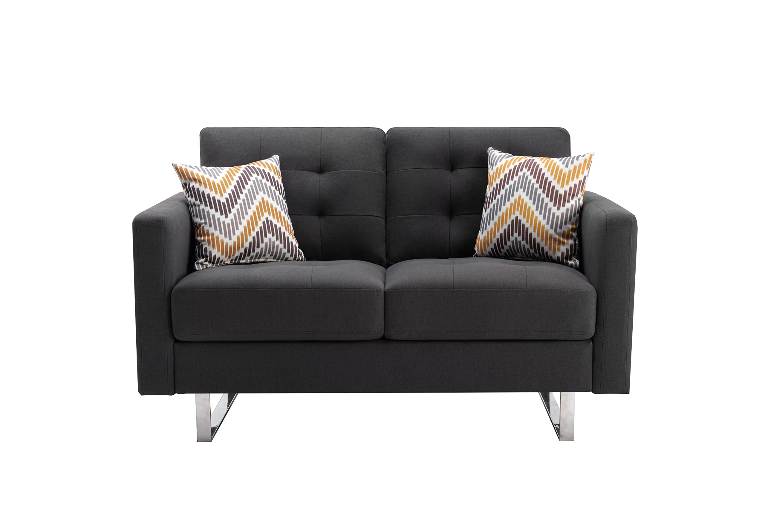 Lilola Home Victoria Dark Gray Linen Fabric Loveseat with Metal Legs, Side Pockets & Throw Pillows - Modern Small Space Sofa for Living Room, Apartment, Dorm or Office