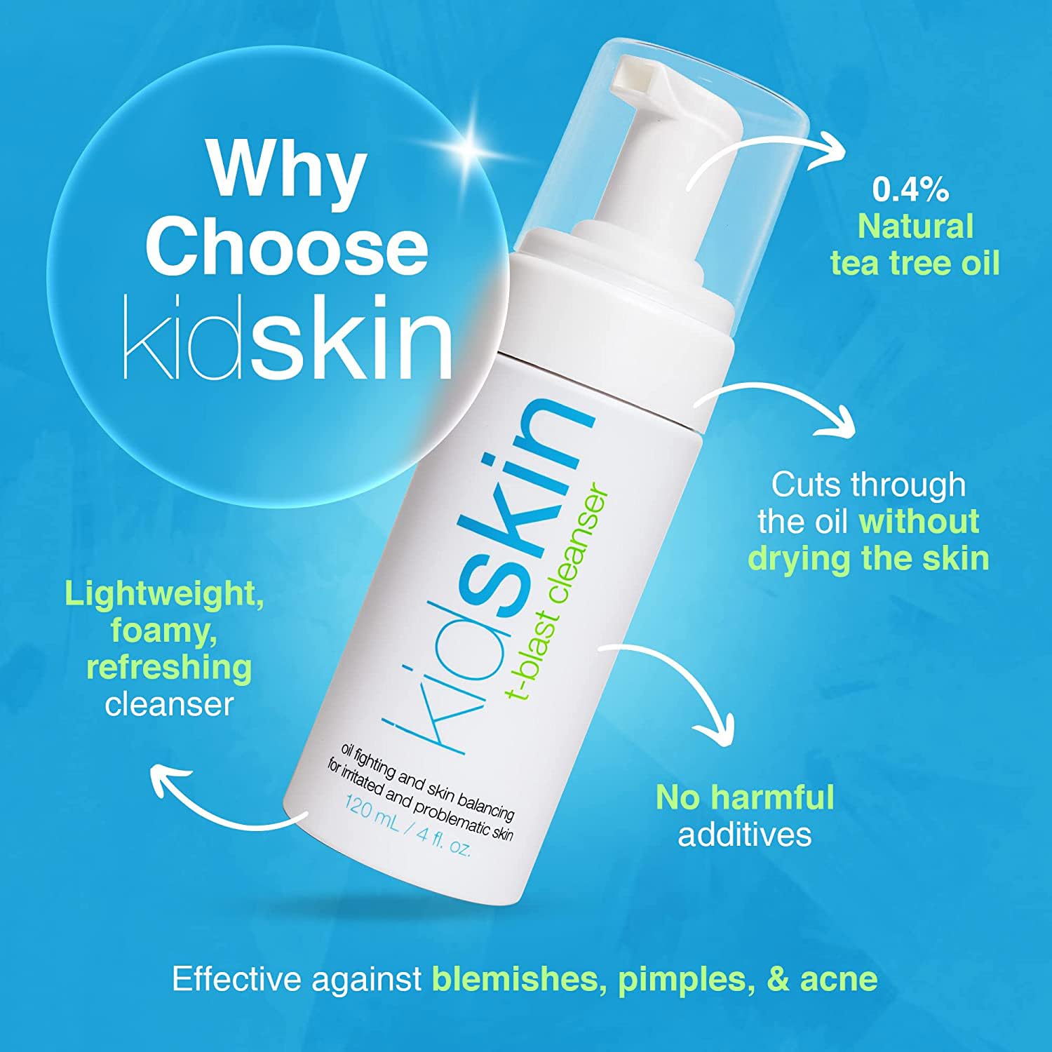 Kidskin T-Blast Facial Cleanser - Gentle Tea Tree Oil Face Wash for Kids & Teens | Natural Acne Treatment for Oily, Dry & Sensitive Skin | 150ml/5oz | Perfect for Daily Skincare Routine & Teenage Acne Care