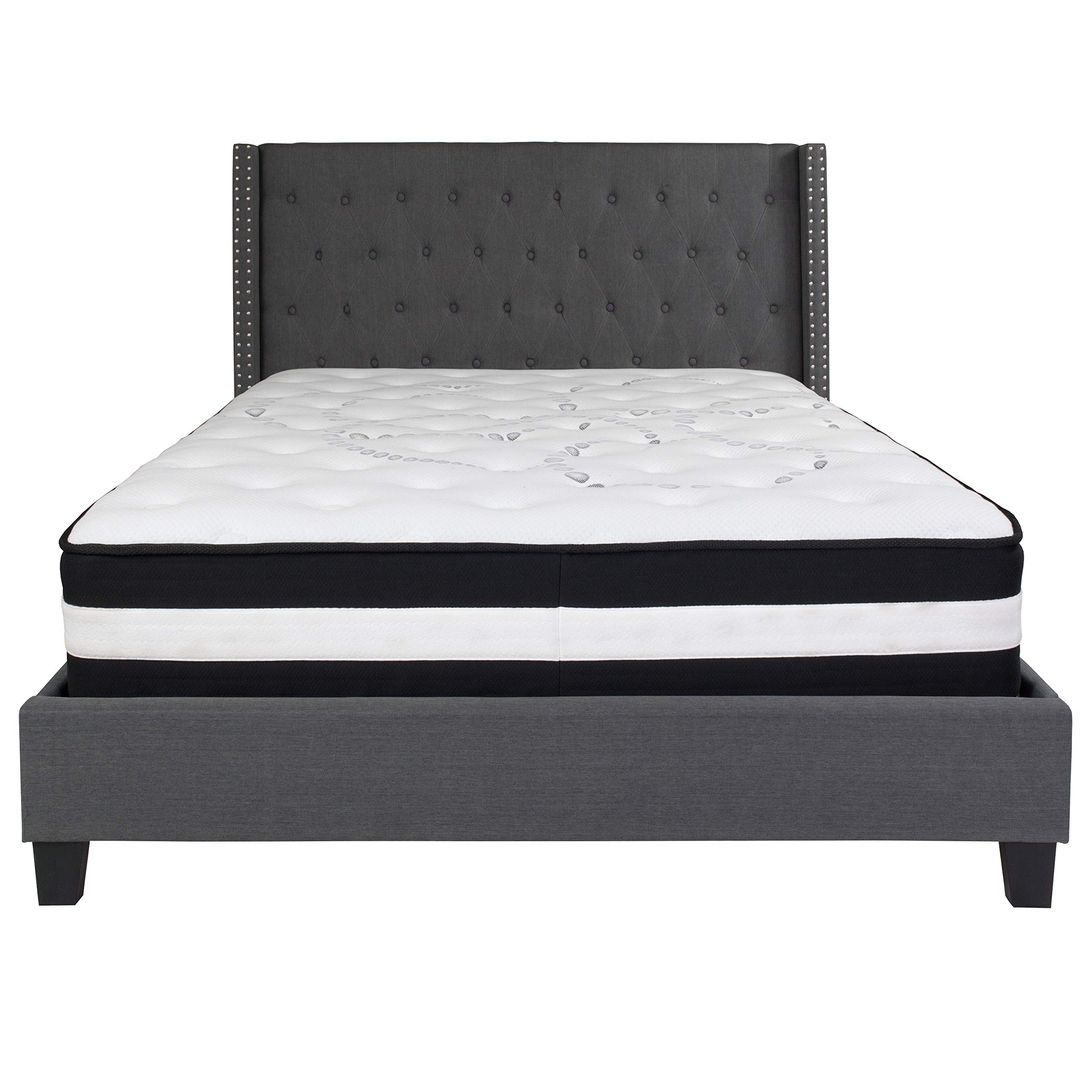 Dark Gray Fabric Queen Size Accent Extended Panel Platform Bed Frame with Mattress Foundation - Perfect for Modern Bedrooms, Guest Rooms & Master Suites