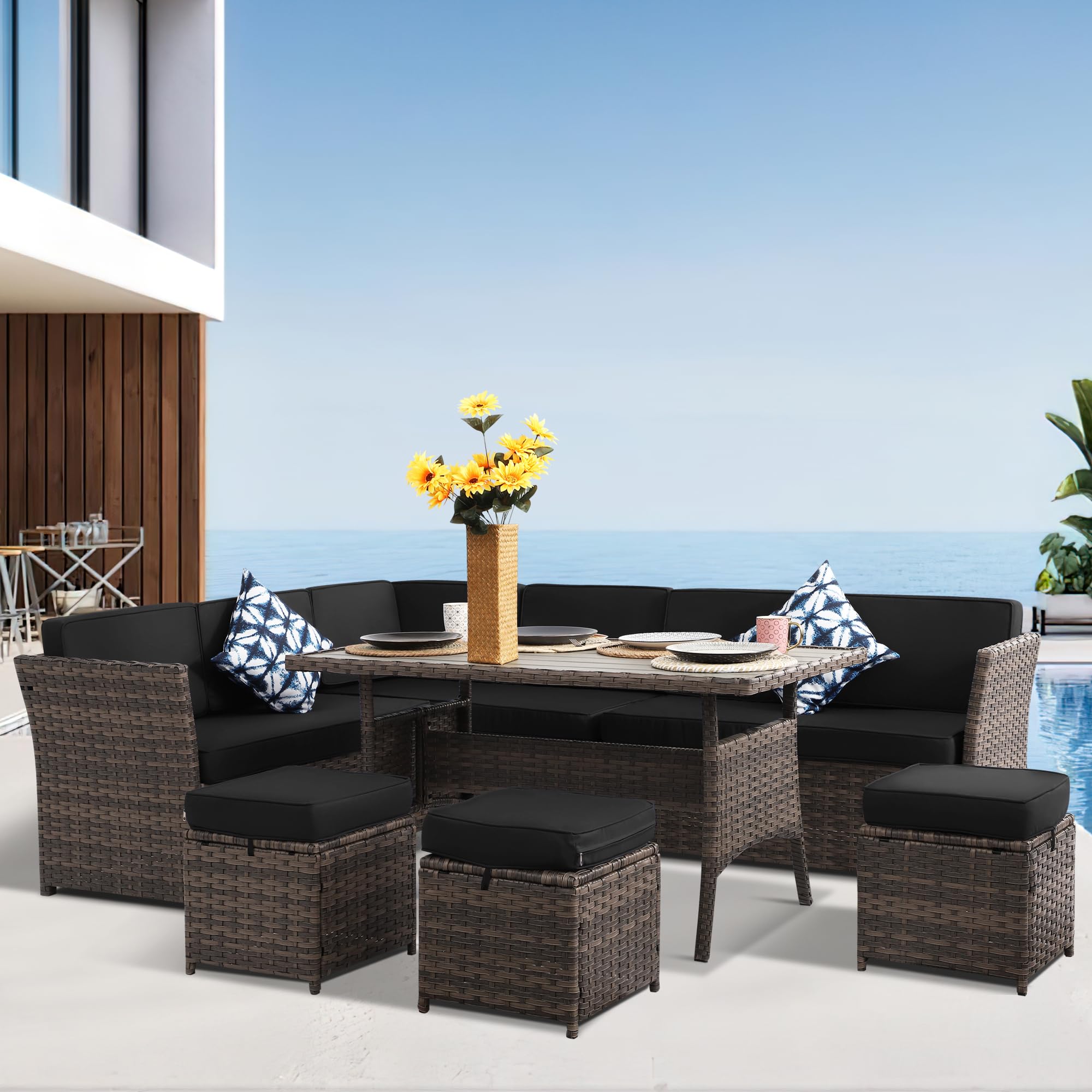 7-Piece All-Weather Brown Rattan Patio Furniture Set with Black Cushions - Outdoor Wicker Dining Table, Loveseat & Ottoman - Perfect for Backyard, Garden or Poolside Relaxation & Entertaining