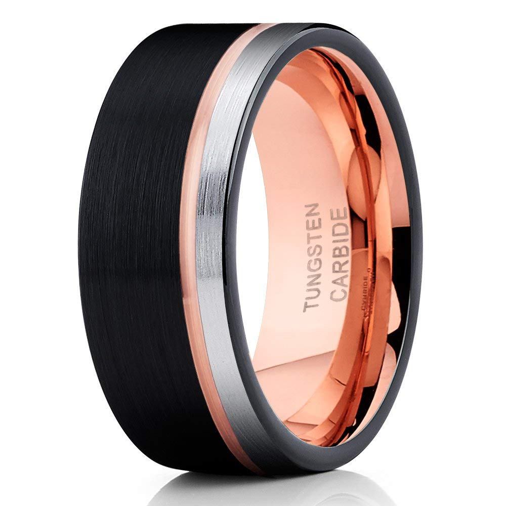 Rose Gold Tungsten Wedding Band for Men & Women - Black Tungsten Ring with 18k Rose Gold Plating - Anniversary & Engagement Ring - Comfort Fit Design for Everyday Wear & Special Occasions