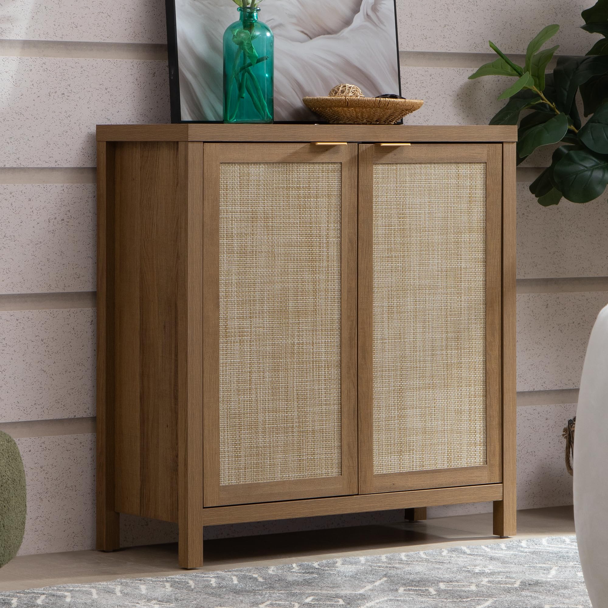 SICOTAS 2-Piece Rattan Sideboard Buffet Cabinet - Farmhouse Kitchen Storage, Coffee Bar Console Table - Boho Accent Furniture for Entryway, Living Room - Oak Wood Finish | Perfect for Home Decor, Dining Room Storage & Entertainment Areas