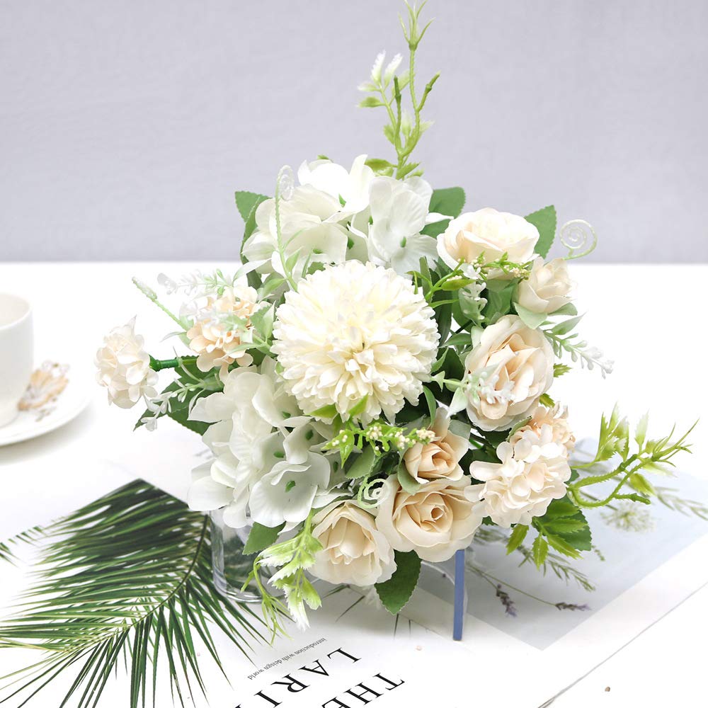 Premium Artificial Silk Rose Bouquets - Vintage White Roses, Hydrangeas & Peonies for Wedding, Bridal, Home Decor | Fake Flowers for Centerpieces, Bridal Showers, and Party Decorations (Style 1: Rose White)